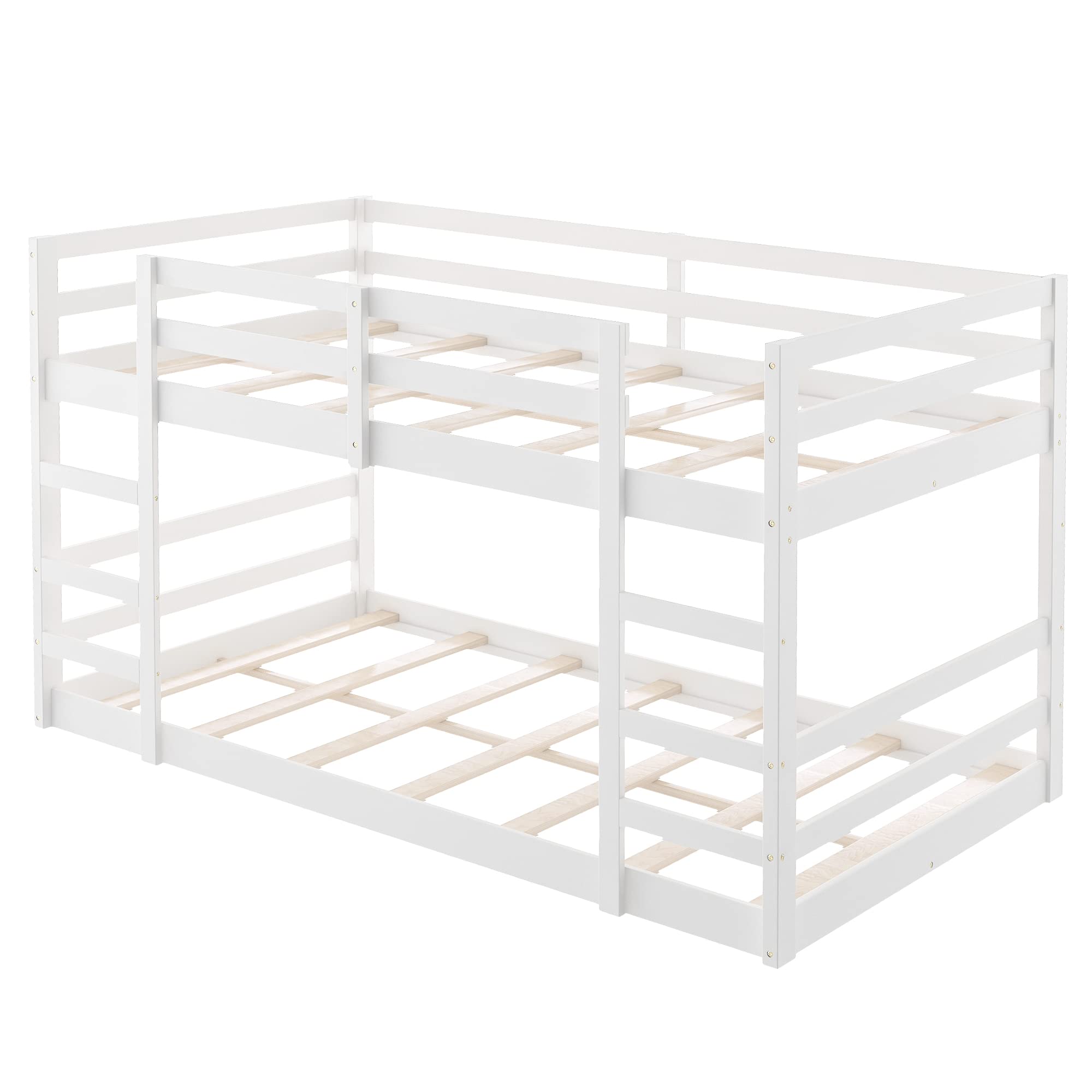 P PURLOVE Twin Over Twin Wooden Low Bunk Bed for Kids & Teens - Sturdy Low Loft Bed with Wood Slats, No Box Spring Needed - Perfect for Small Bedrooms, Shared Kids Rooms & Sleepovers