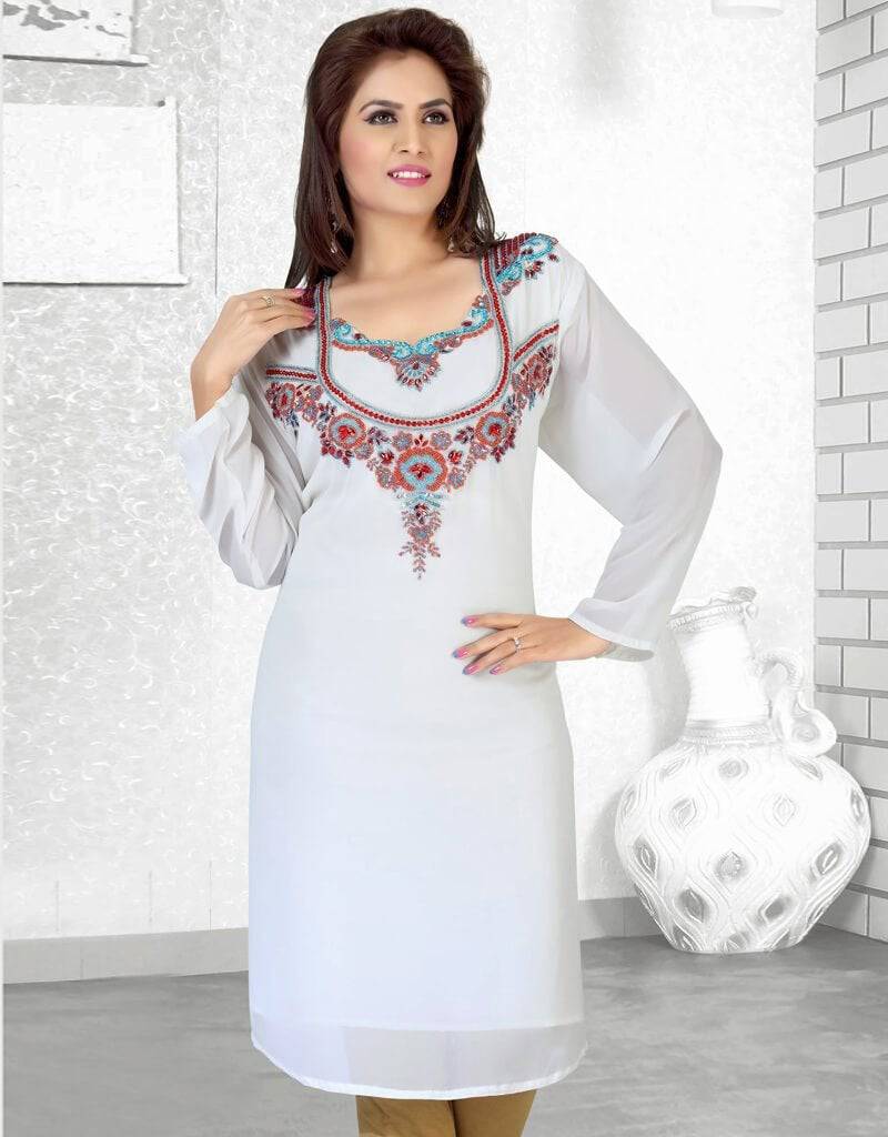 Affordable Stylish Short Kaftan Dress for Women - Breathable White Summer Tunic Top - Perfect for Beach, Vacation & Casual Wear