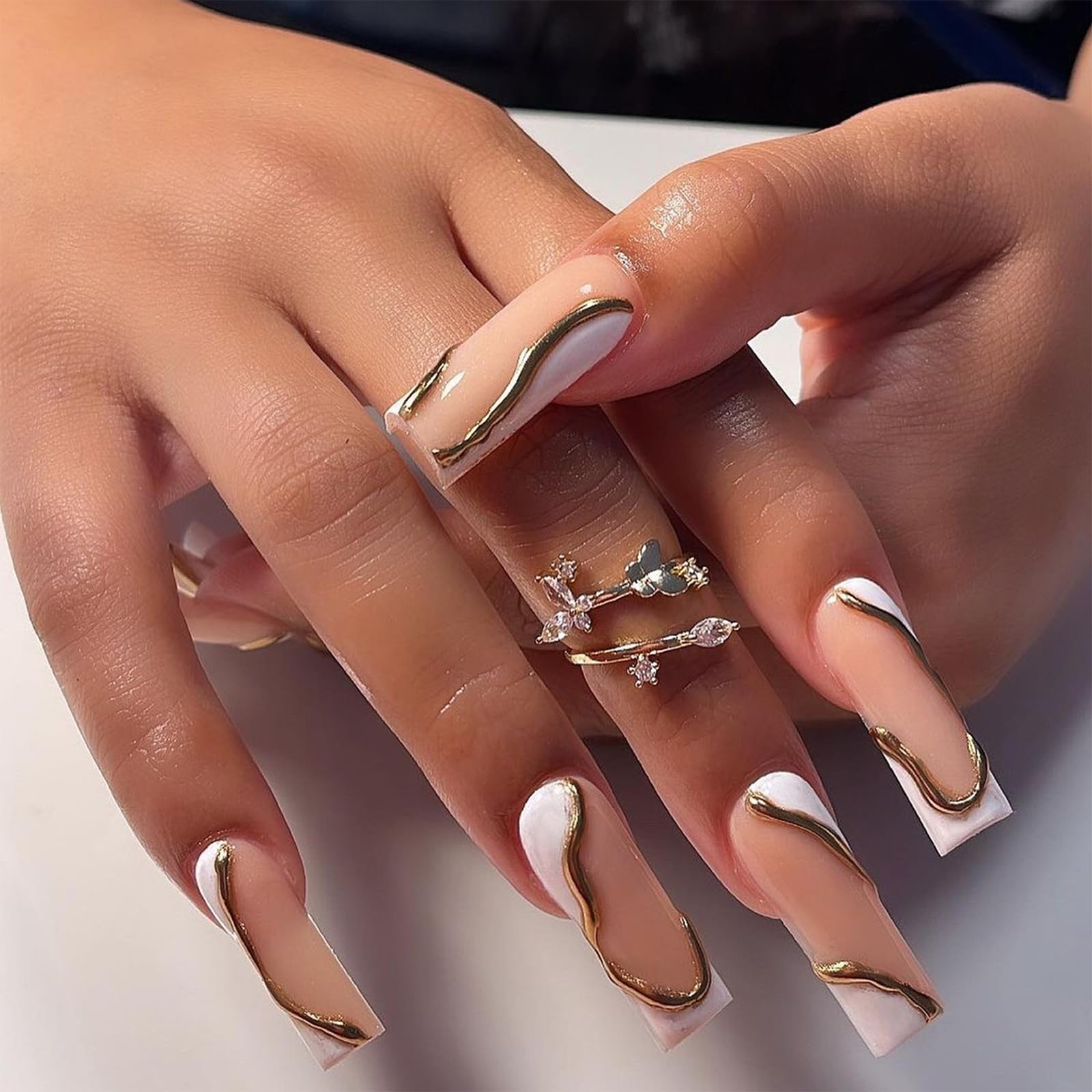 24 Pcs Long Square Press-on Nails - Golden & White Nude French Tip False Nails with Glossy Finish | Full Cover Glue-on Artificial Nails for Parties, Weddings & Everyday Wear