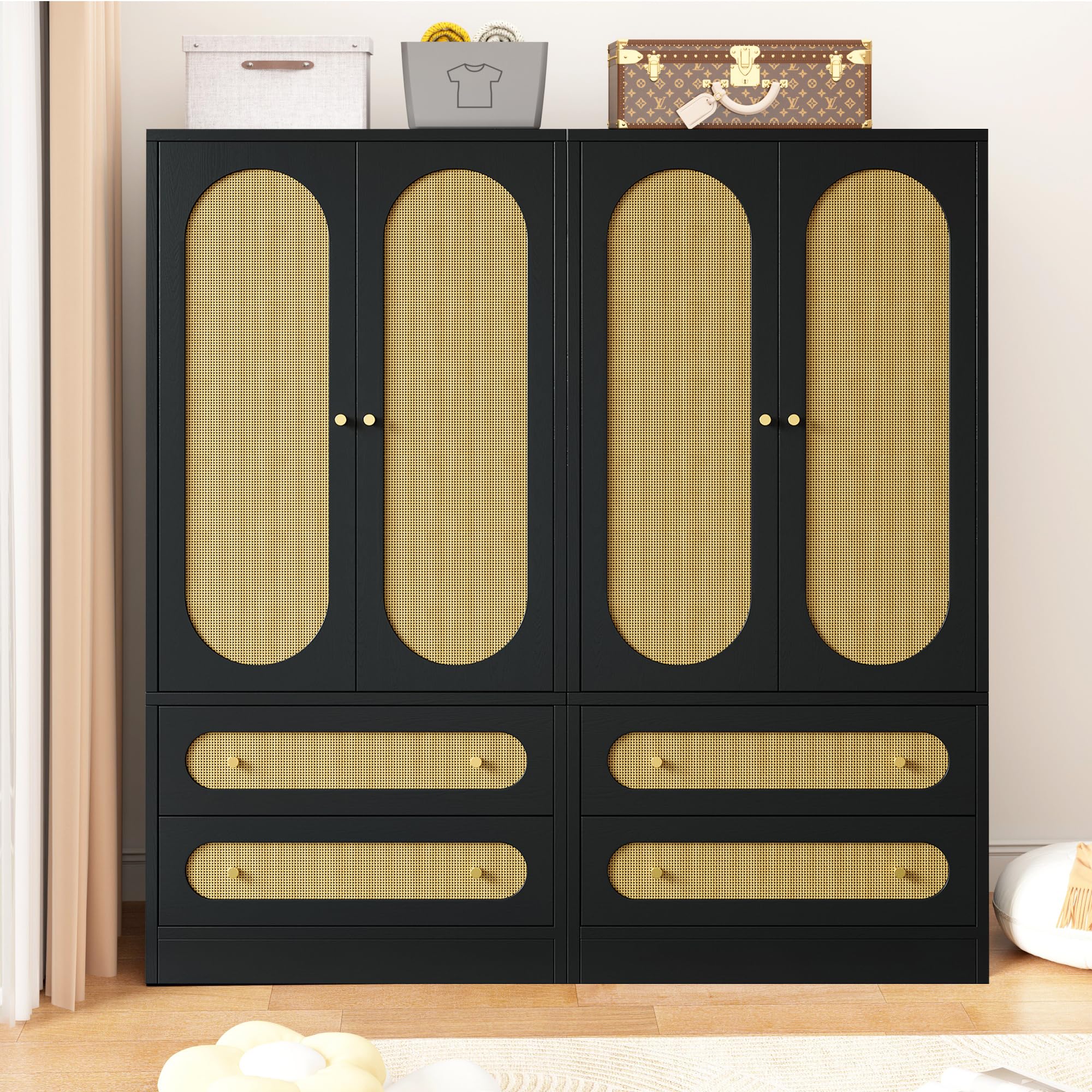 Rattan Wardrobe Closet - Freestanding Storage Cabinet with Wide Drawers & Hanging Rod, Large Capacity Bedroom Organizer with Gold Handles (Black, 2-Pack) - Perfect for Bedroom, Closet & Dorm Organization