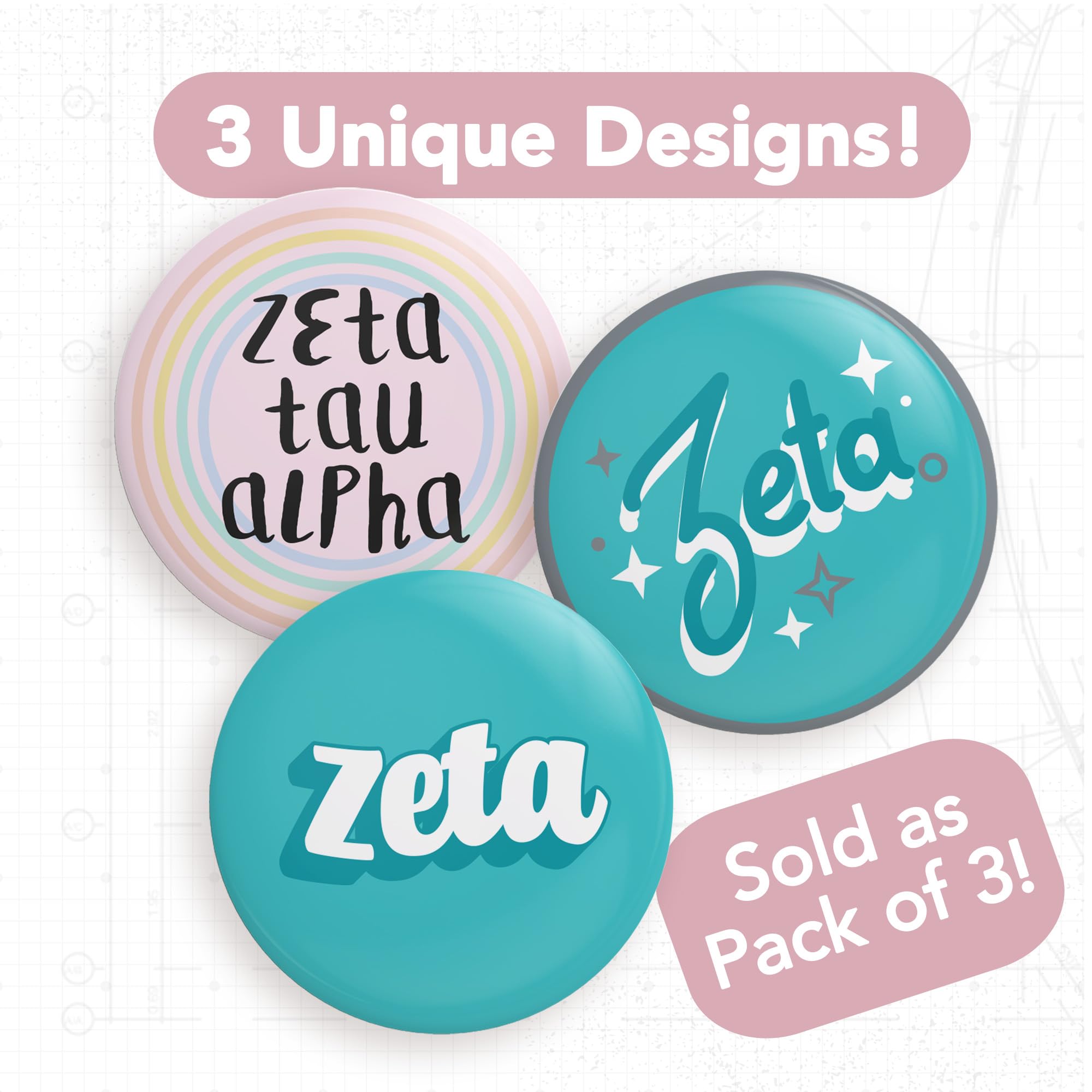 Zeta Tau Alpha Sorority Pin Set - 3 Piece Desert Cactus Badge Collection (2.25 Inch) - Cute Greek Accessories for Backpacks, Jackets & Sorority Events