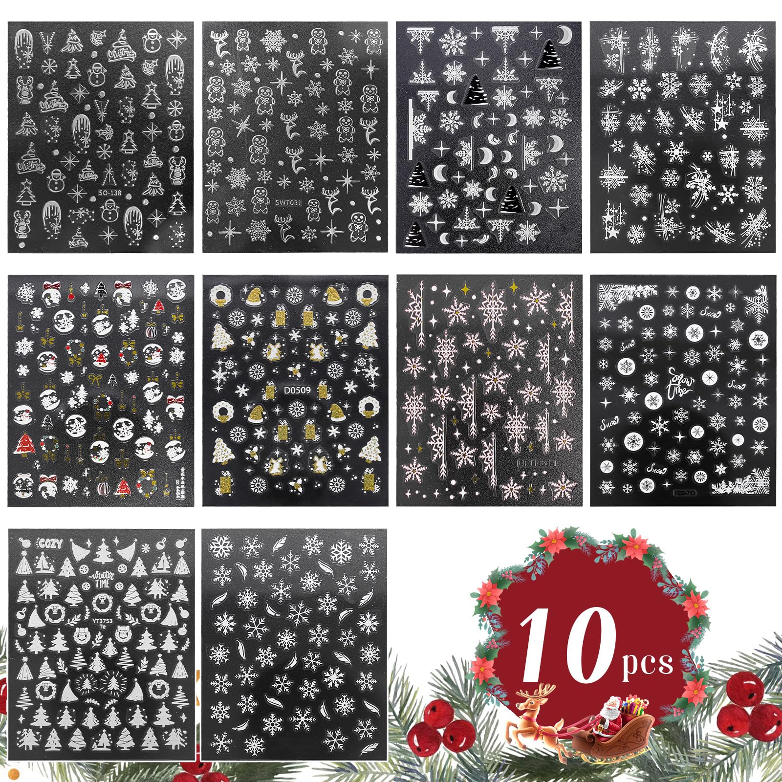 10 Sheets 3D Snowflake Nail Art Stickers - Self-Adhesive Christmas Nail Decals in Black, White, Gold & Silver | Winter Snowflake Nail Designs for Women | Perfect for Holiday Parties, Christmas Gifts & Winter Nail Art