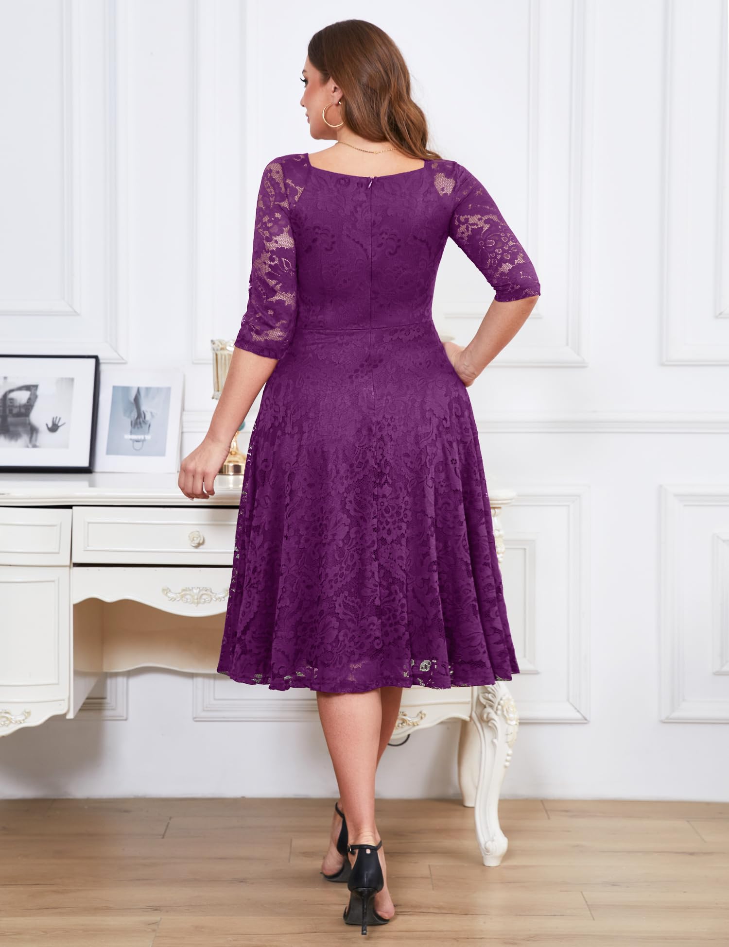 Elegant Long-Sleeve Lace Wedding Guest Dress for Women - A-Line Formal Cocktail Party Midi Gown | Perfect for Prom, Evening Events & Special Occasions