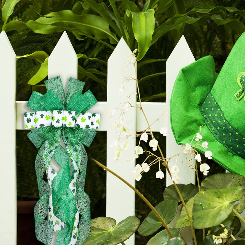 Large St. Patrick's Day Wreath Bows - Green Glitter Shamrock Decor for Front Door, Irish Holiday Party Hanging Ornaments | Perfect for Outdoor Decorations, Wreath Accents & St. Patrick's Day Celebrations