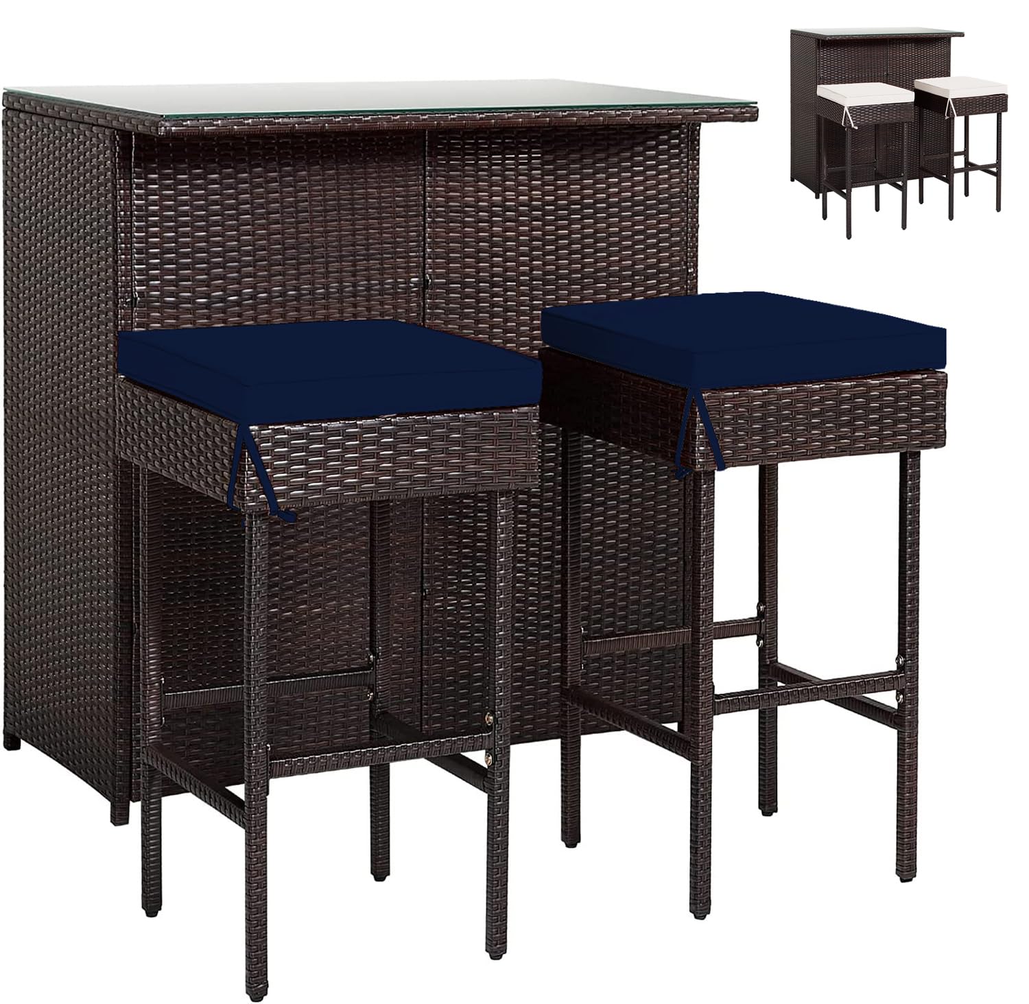 HAPPYGRILL 3-Piece Outdoor Bar Set with 2-Color Cushions - Rattan Wicker Bar Stools & Glass Top Table - Patio Furniture for Poolside, Garden, Backyard Dining & Entertaining with Storage Shelves