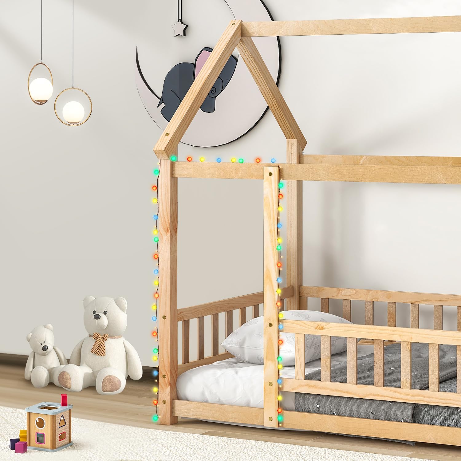 Montessori Full Size House Bed with Fence & Roof Design - Natural Wood Floor Bed Frame for Kids, Toddlers Boys & Girls - Perfect for Bedroom, Playroom & Montessori Learning Spaces