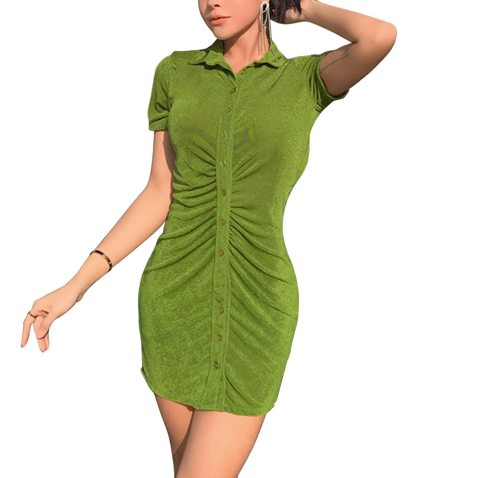 Women's Puff Short Sleeve Mini Dress - Turn Down Collar Bodycon Shirt Dress | Y2K Vintage 90s Streetwear | Perfect for Casual Outings, Parties & Retro Fashion