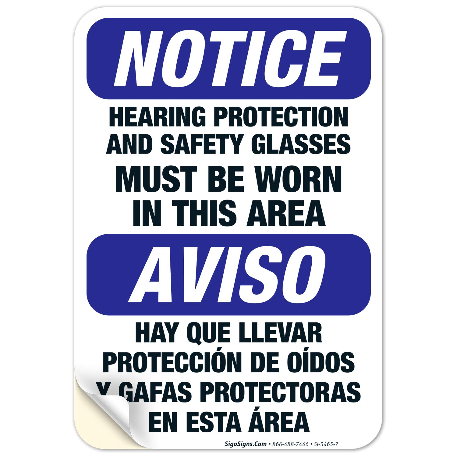 OSHA Compliant Bilingual Safety Sign - Hearing Protection & Safety Glasses Required in This Area | 10x7 Inch Durable 4 Mil Vinyl Decal | Weatherproof & UV Resistant | Made in USA | Ideal for Construction Sites, Factories & Work Zones