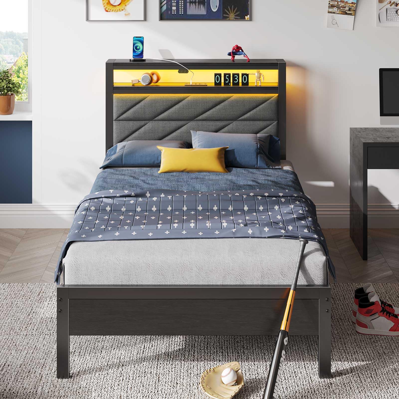 Twin Size Upholstered Platform Bed Frame with LED Headboard & USB Charging Station - Under Bed Storage, No Box Spring Needed, Noise-Free, Easy Assembly, Grey - Perfect for Small Bedrooms, Dorms & Guest Rooms