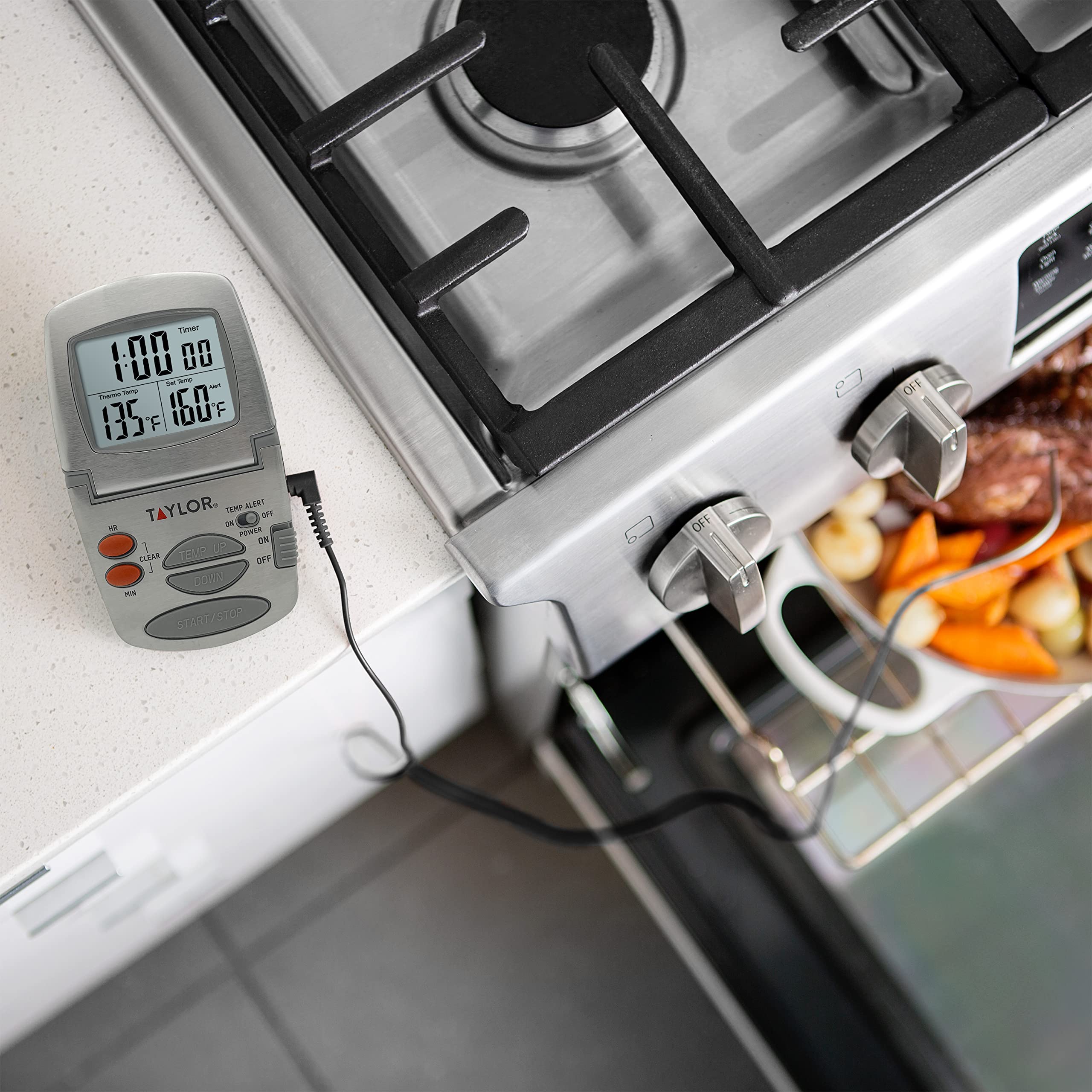 Taylor Programmable Digital Meat Thermometer with Timer & Instant Read Wired Probe - Perfect for Grilling, BBQ, Roasting, and Kitchen Cooking - Stainless Steel Food Thermometer for Turkey, Steak, Chicken, and Baking