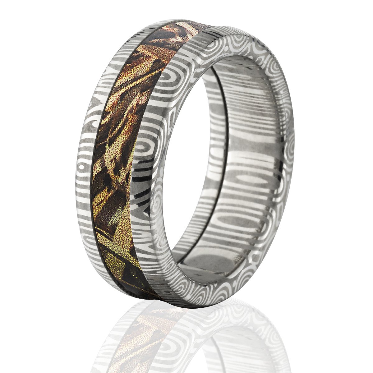 **Realtree Camo Wedding Rings for Men - Genuine Damascus Steel Band - Hunting, Outdoor & Adventure Lifestyle**    **使用场景:** Perfect for hunters, outdoor enthusiasts, and adventure seekers who want a durable and stylish wedding ring for rugged activities.