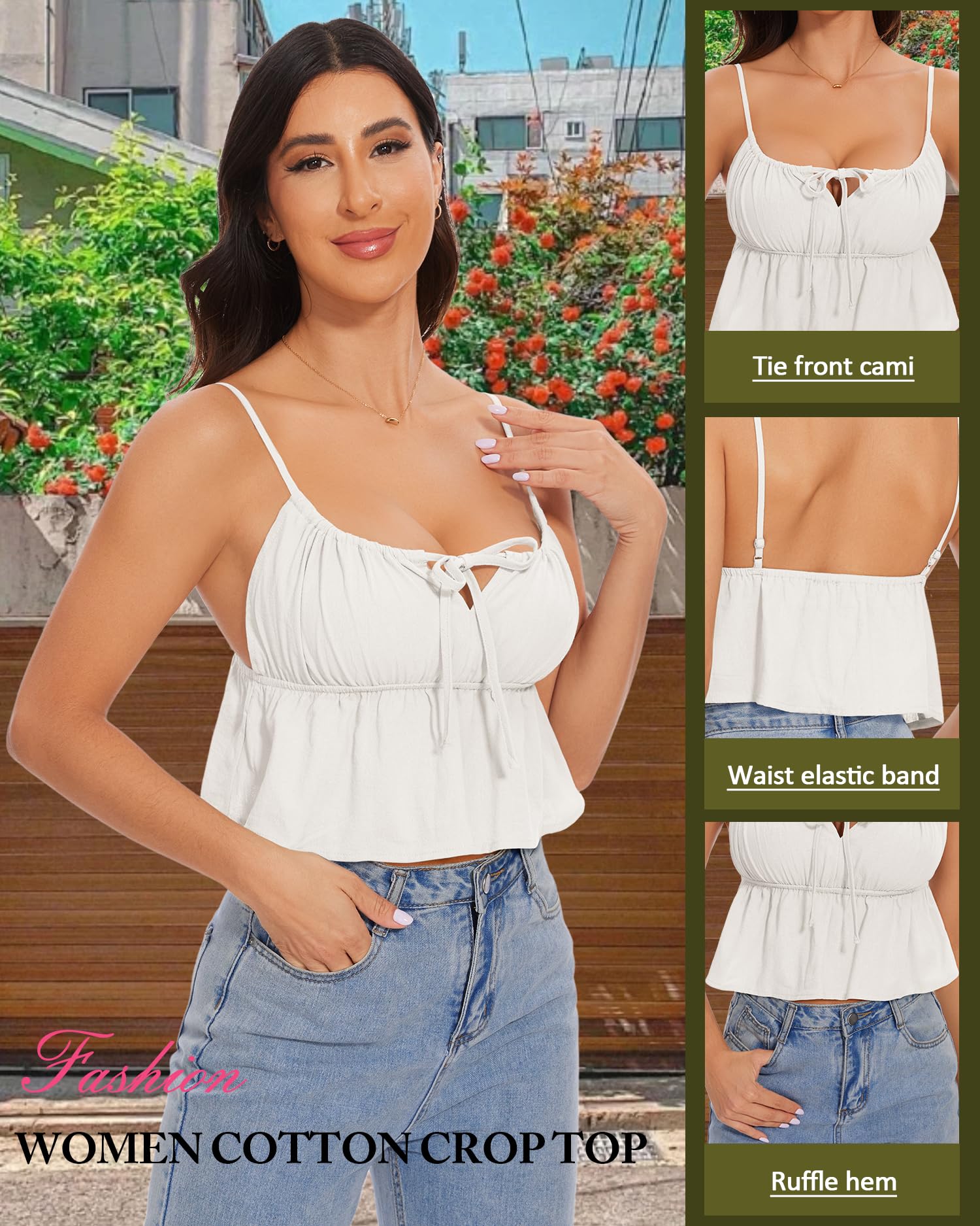 Jenbou Women's Square Neck Tie Front Crop Top - Sexy Ruched Ruffle Hem Summer Tank Top for Casual Outfits, Beach Wear & Night Out
