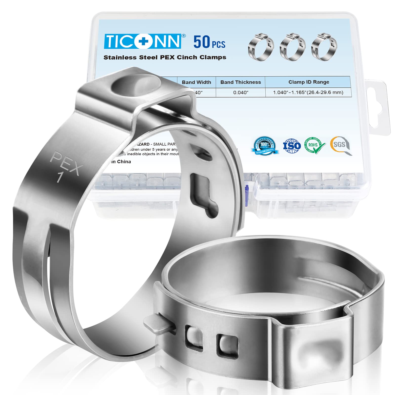 TICONN 50PCS 1 Inch Stainless Steel PEX Clamp Rings - 304 Grade PEX Pipe Connectors for Secure Tubing Connections | Ideal for Plumbing, HVAC, and Water Supply Systems