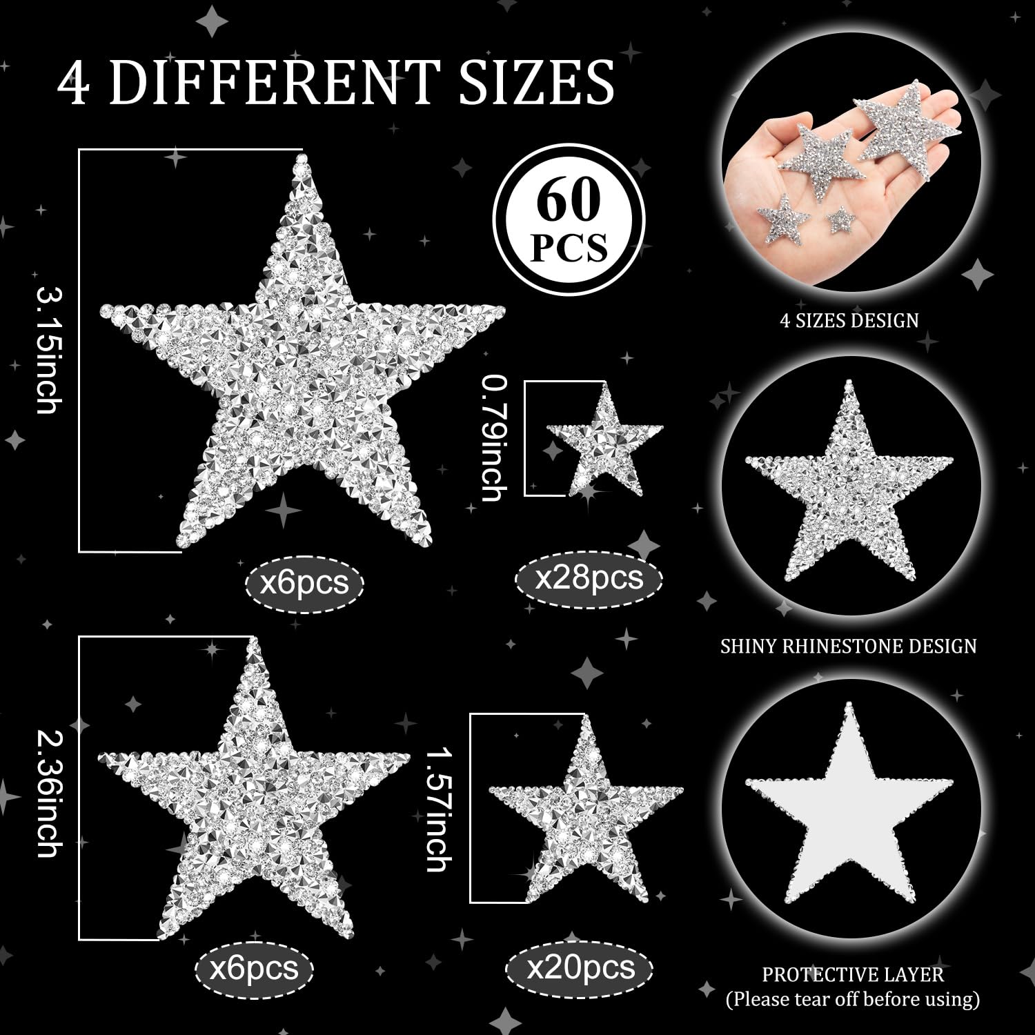 60 Pcs Silver Star Iron-On Patches - Glitter Rhinestone Appliques for Clothing, Jeans, Bags & Hats - DIY Repair & Decoration (4 Sizes) - Perfect for Costumes, Fashion Upgrades & Craft Projects