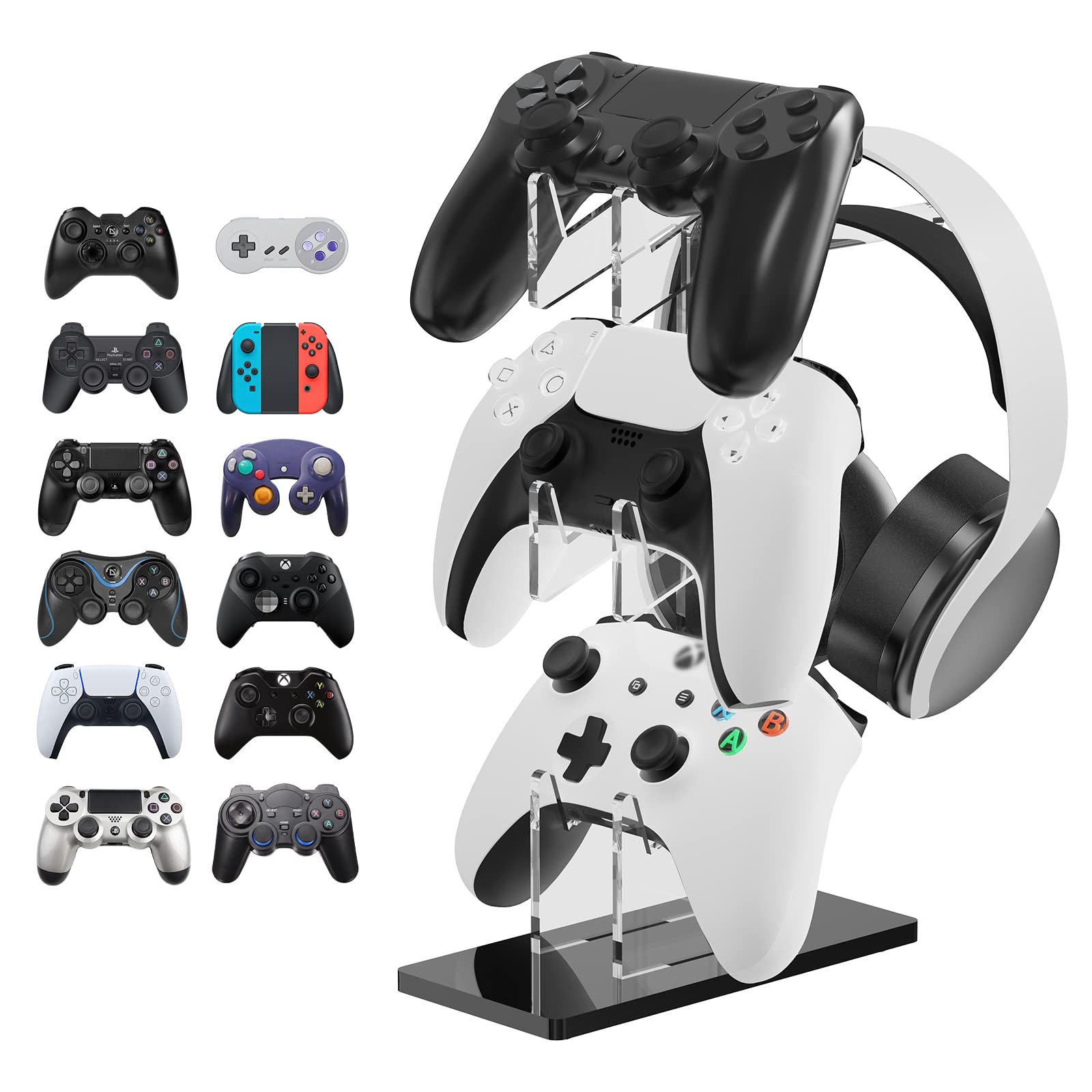 Universal 3-Tier Controller Stand & Headset Holder for PS5, PS4, Switch Pro, Xbox - Crystal Texture Gaming Accessories Organizer (White) - Perfect for Gaming Setup & Desk Organization