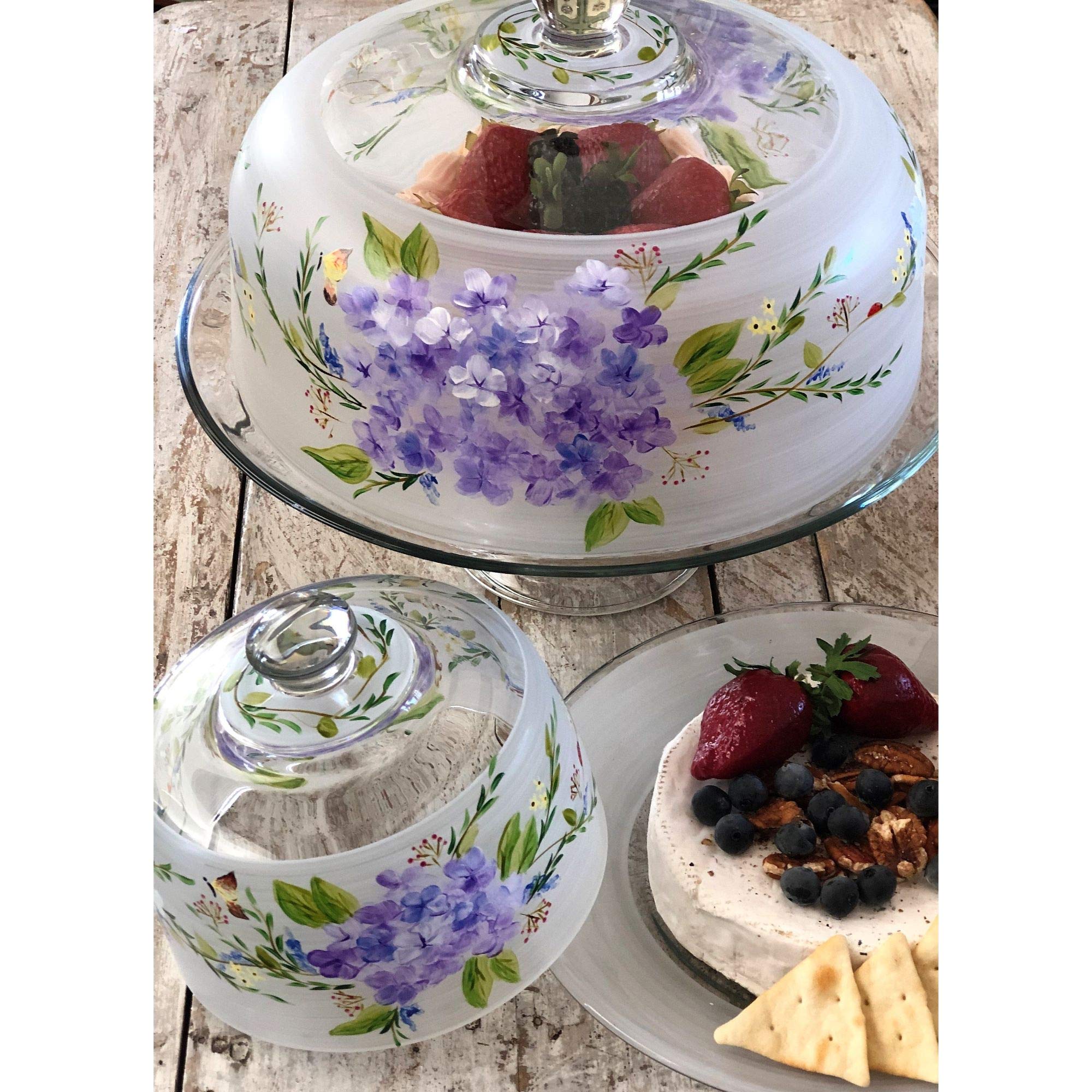 Poppy Floral Hand-Painted Glass Convertible Cake Dome - 11 Inch Large Serving Dome for Wedding, Birthday & Dessert Display | Elegant Kitchen Decor