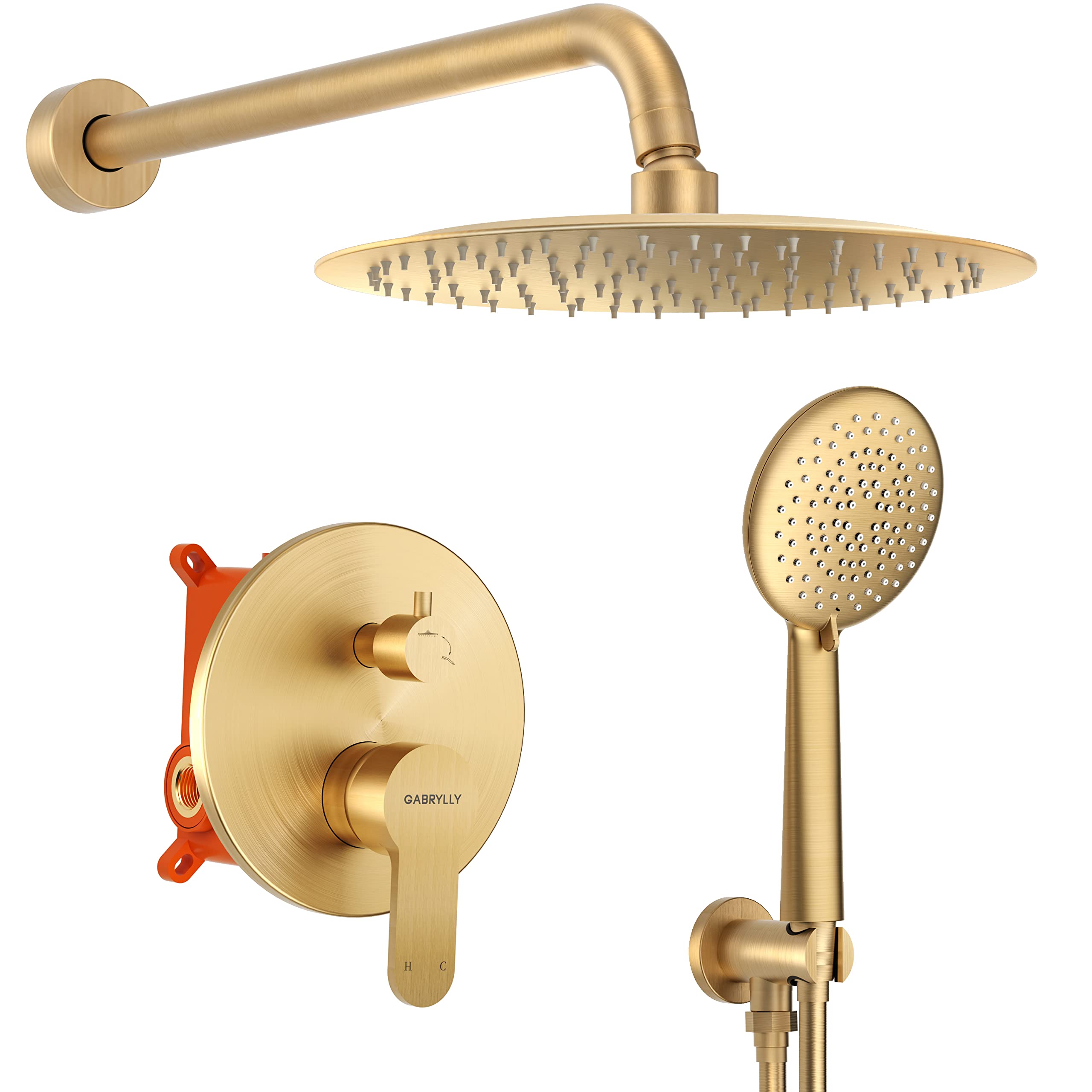 Gabrylly Wall Mounted Shower System - 10 Inch High Pressure Stainless Steel Rain Shower Head with 5-Mode Handheld Shower & 2-Way Valve Kit in Brushed Gold - Perfect for Modern Bathroom Renovation & Spa-Like Shower Experience