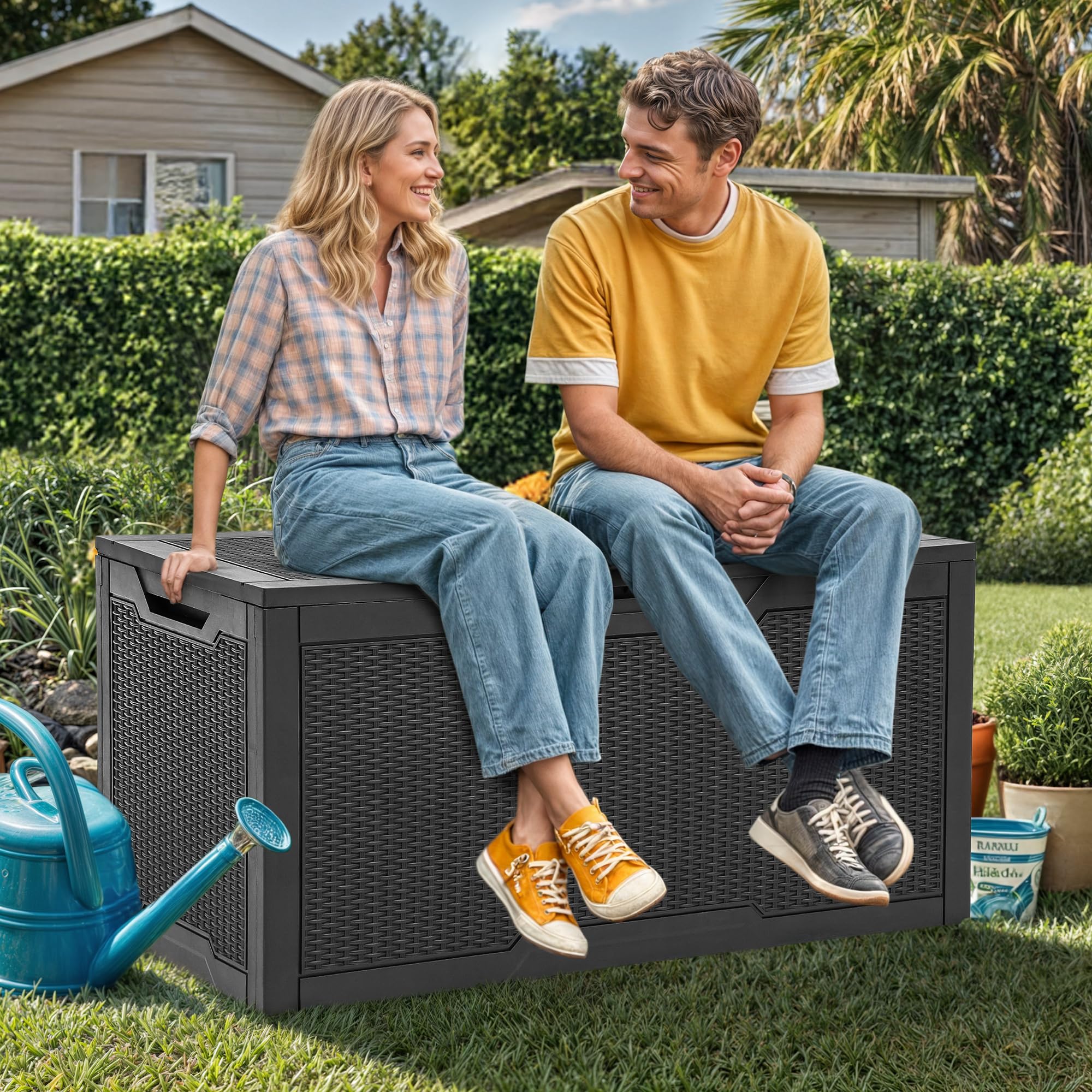 YITAHOME 100 Gallon Large Resin Deck Box - Outdoor Storage Box for Patio Furniture, Cushions, Garden Tools & Pool Supplies - Waterproof & Lockable (Black) - Perfect for Backyard, Deck, and Poolside Organization