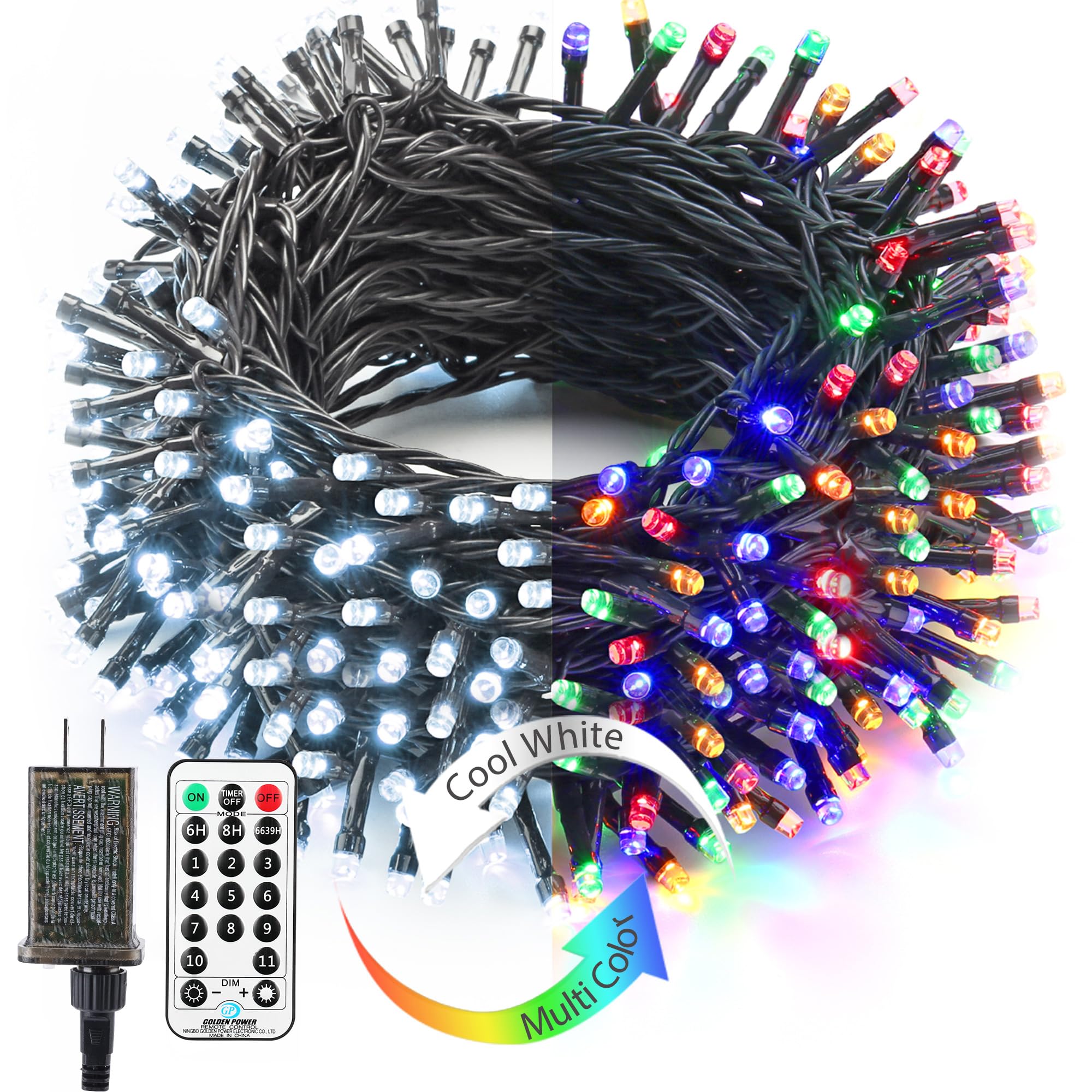 BrizLabs 115ft 300 LED Color Changing Christmas Lights - 11 Modes (Cool White & Multicolor) with Timer Remote, Connectable Indoor/Outdoor String Lights for Xmas Tree, Home, Party, and Holiday Decorations