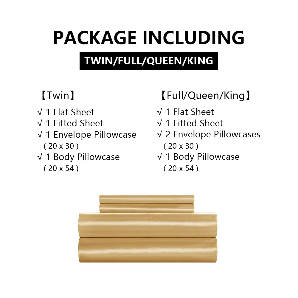 5Pcs Gold Silky Satin Sheets Set - Full Size Luxury Bedding with 1 Flat Sheet, 1 Deep Pocket Fitted Sheet & 3 Envelope Closure Pillowcases - Soft & Elegant for Master Bedroom, Guest Room or Special Occasions