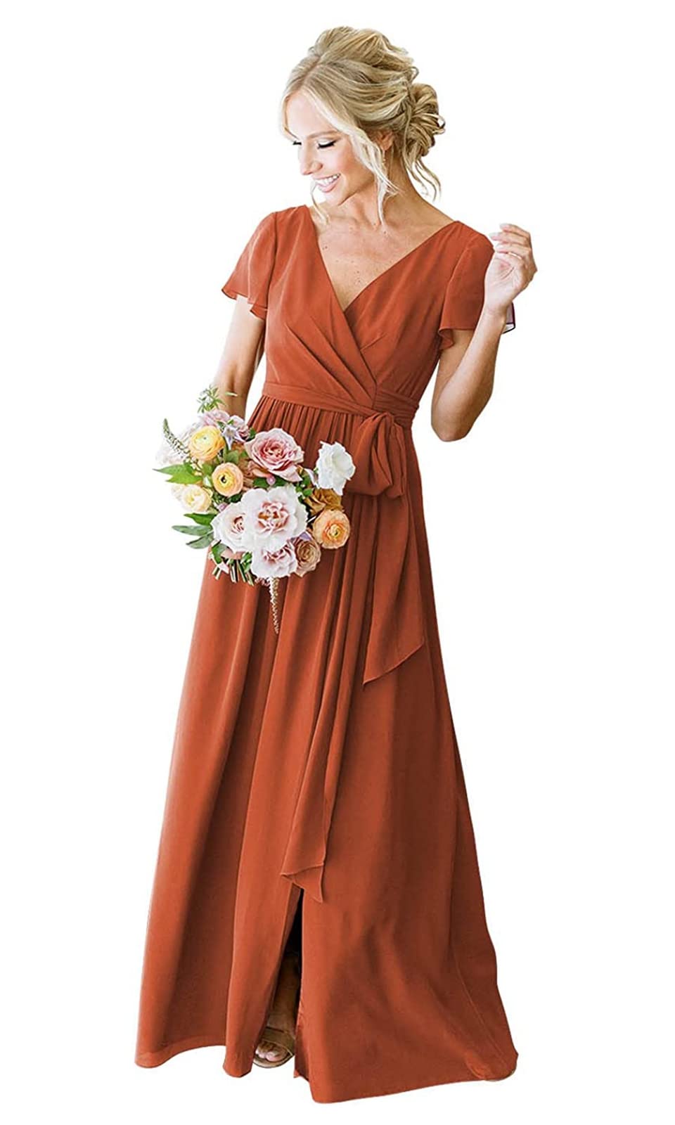 YORFORMALS Women's V-Neck Short Sleeve Bridesmaid Dress with Slit - Elegant Long Formal Evening Gown for Weddings, Prom & Special Occasions