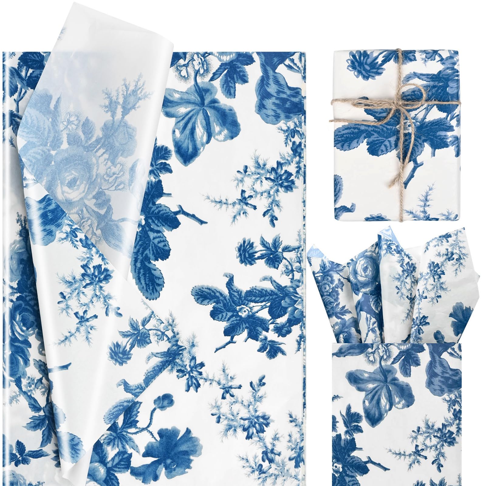 50 Sheets 28x20 Inches Blue White Peony Chinoiserie Tissue Paper - Vintage Floral Gift Wrapping Paper for Thanksgiving, Wedding, Tea Party, DIY Crafts & Home Decor - Perfect for Present Wrapping, Scrapbooking, and Party Decorations