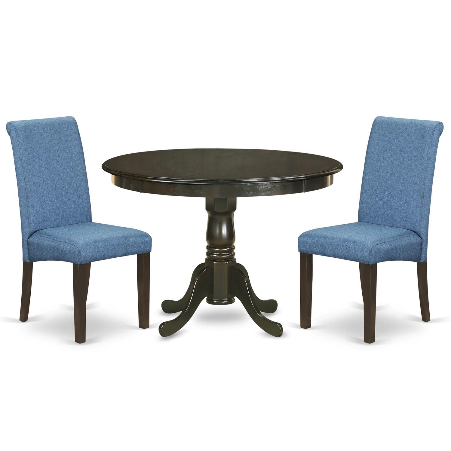 East West Furniture HLBA3-CAP-21 3-Piece Round Kitchen Dining Set with Pedestal Table & 2 Blue Linen Parsons Chairs, 42x42 Inch, Cappuccino - Perfect for Small Spaces, Breakfast Nooks & Cozy Apartments