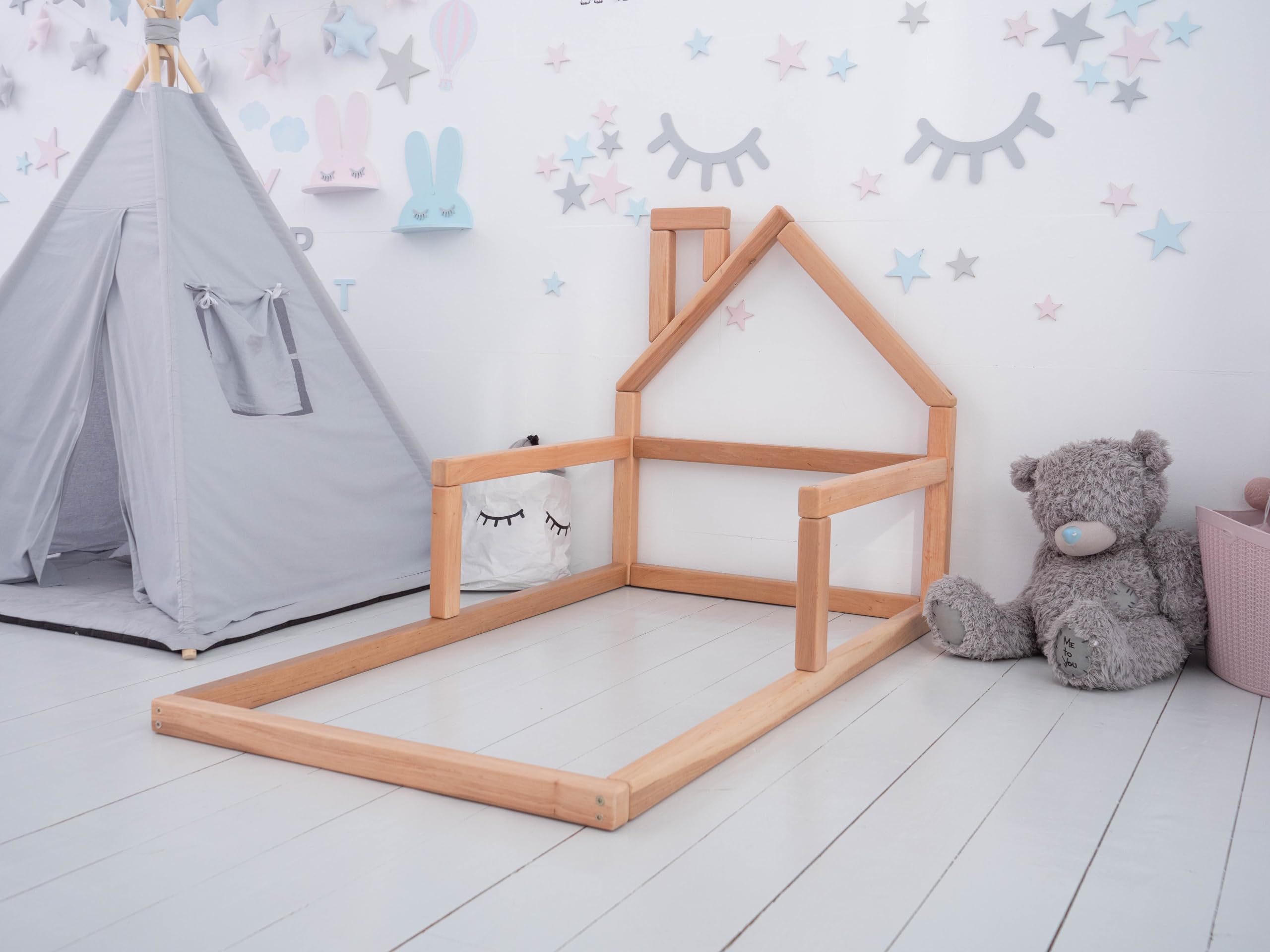 Montessori Floor Bed for Toddlers - Twin Size House Bed Frame with Natural Tree Design - Model 3 | Perfect for Kids' Room, Playroom & Montessori Learning Spaces
