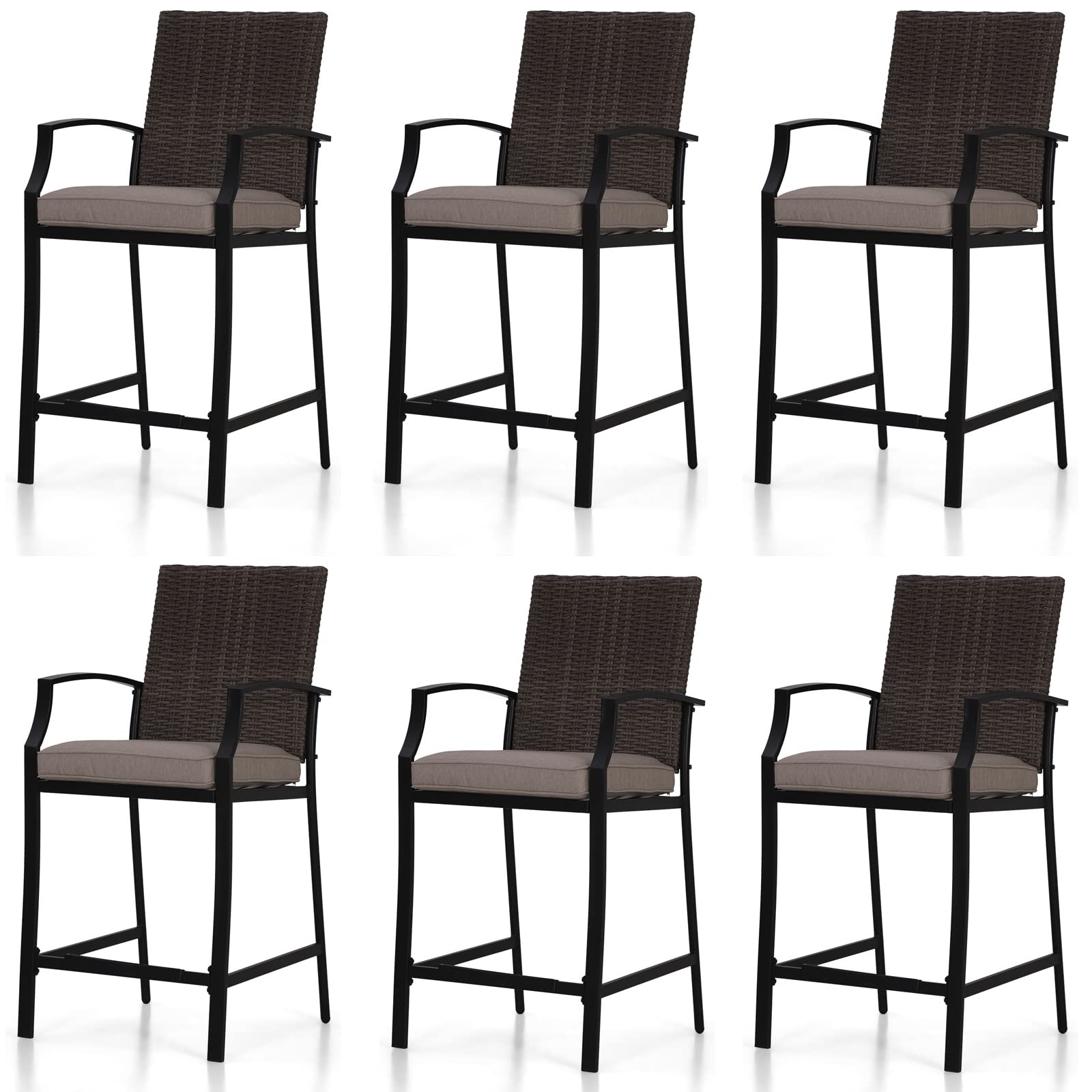 PHI VILLA 6-Piece Outdoor Bar Stool Set - All-Weather Wicker Bar Height Patio Chairs with Brown Rattan Backrest, Metal Frame & Beige Cushions - Perfect for Garden, Lawn, Poolside & Outdoor Dining Areas