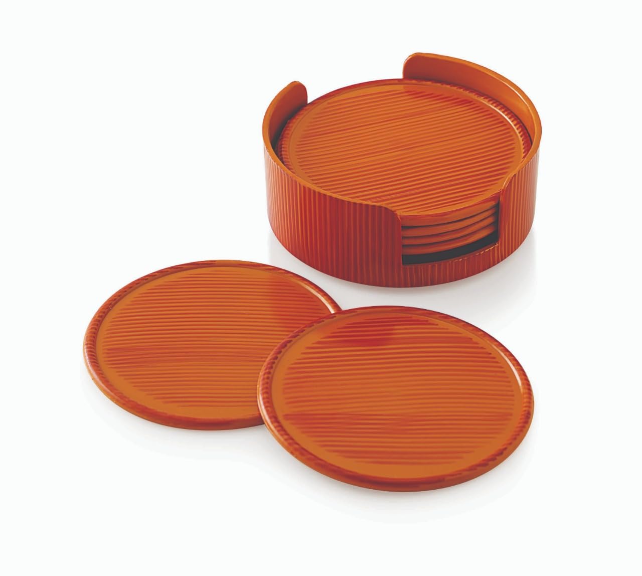 Sunlife - 6-Pack Innova Wood Finish Plastic Coasters with Stand - Circular Drink Coasters for Coffee, Tea, Beer & Cocktails - Perfect for Home, Office & Bar Use