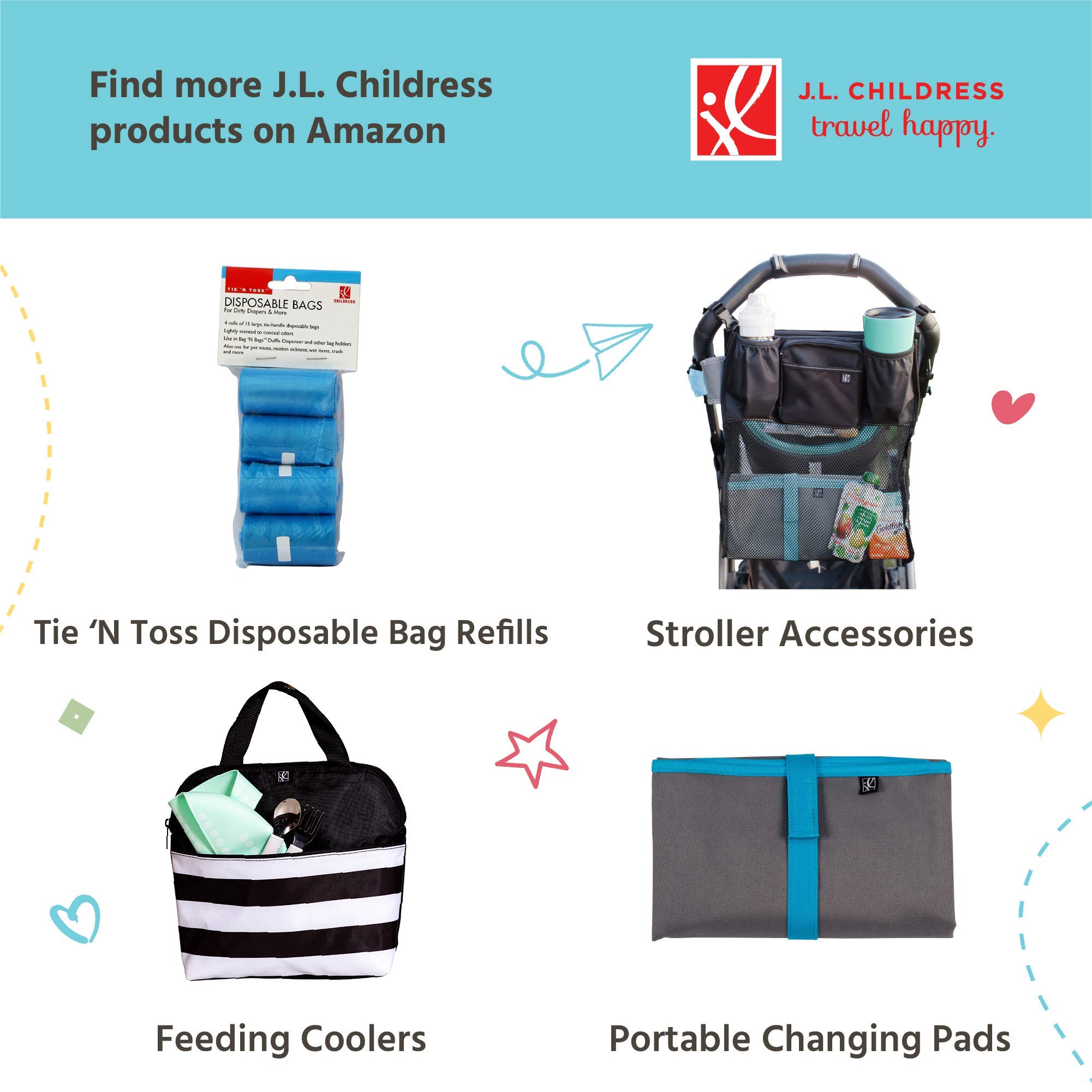 J.L. Childress Portable Fabric Duffel Dispenser & Waste Bag Refill - 30 Disposable Bags for Strollers & Diaper Bags - Black | Perfect for Travel, Baby Care & On-the-Go Waste Disposal