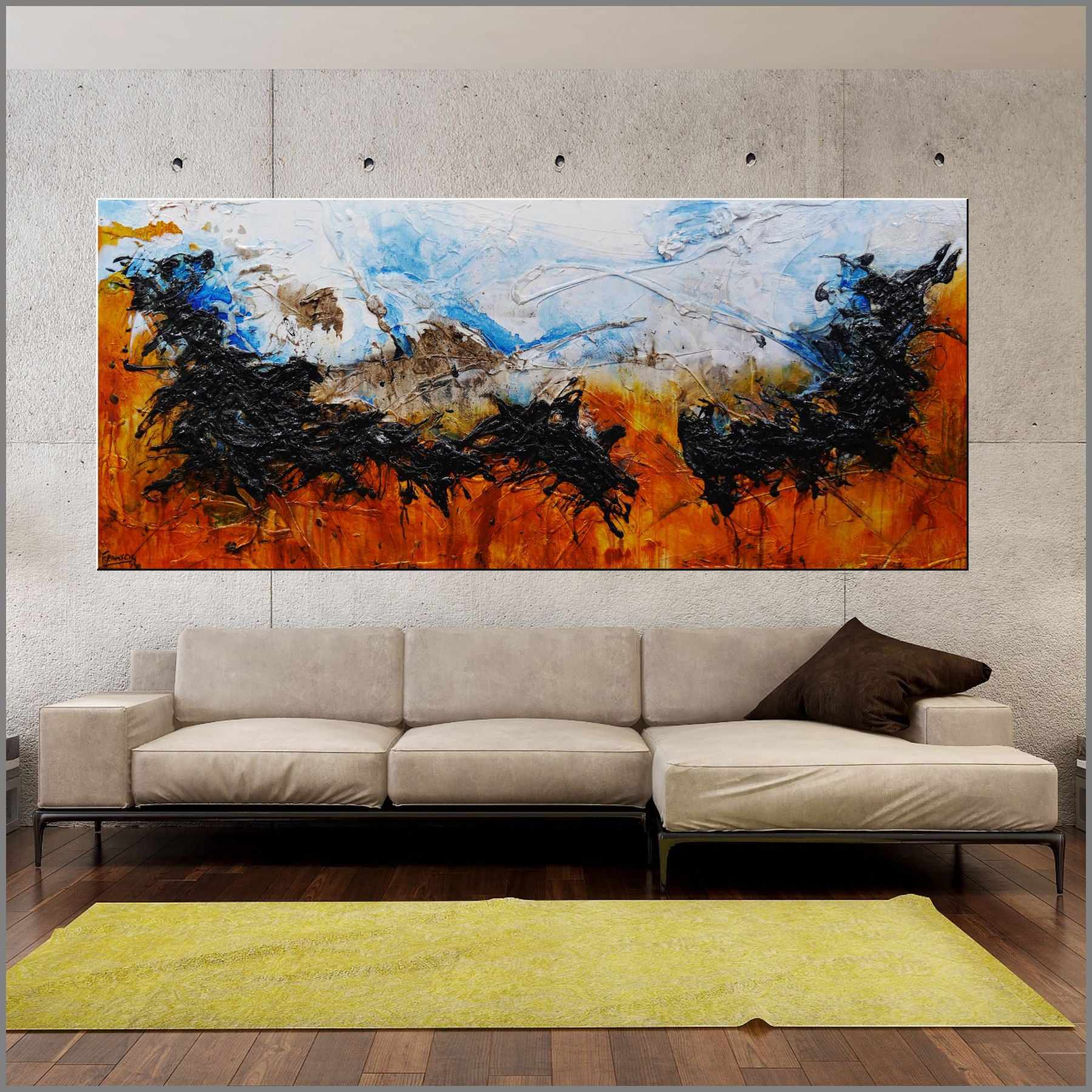 Blue Pools 240cm x 100cm Abstract Canvas Painting in Black, Sienna, White & Blue - Modern Wall Art for Living Room, Bedroom or Office Decor