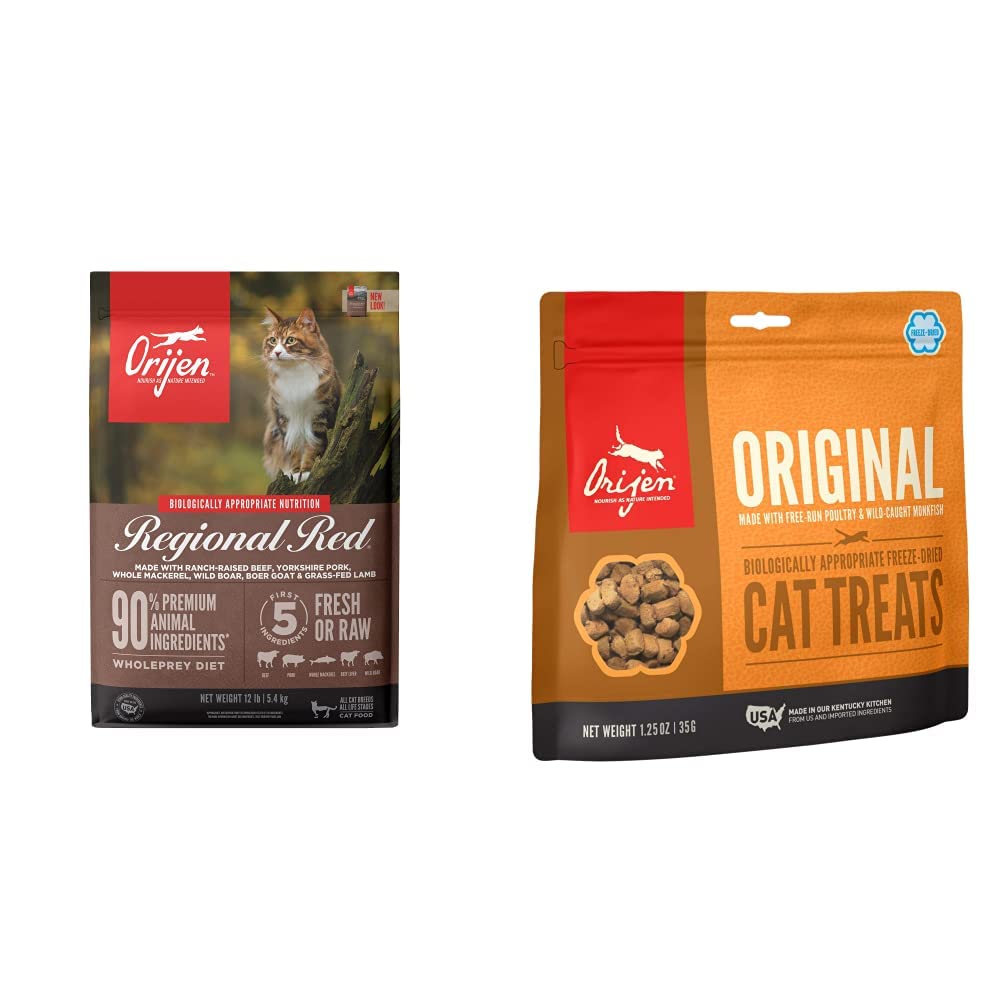 ORIJEN® Grain Free Dry Cat Food - Premium High Protein with Fresh & Raw Animal Ingredients, Regional Red Recipe, 12lb Bag - Freeze Dried Cat Treats 1.25oz - Perfect for Indoor Cats & Weight Management