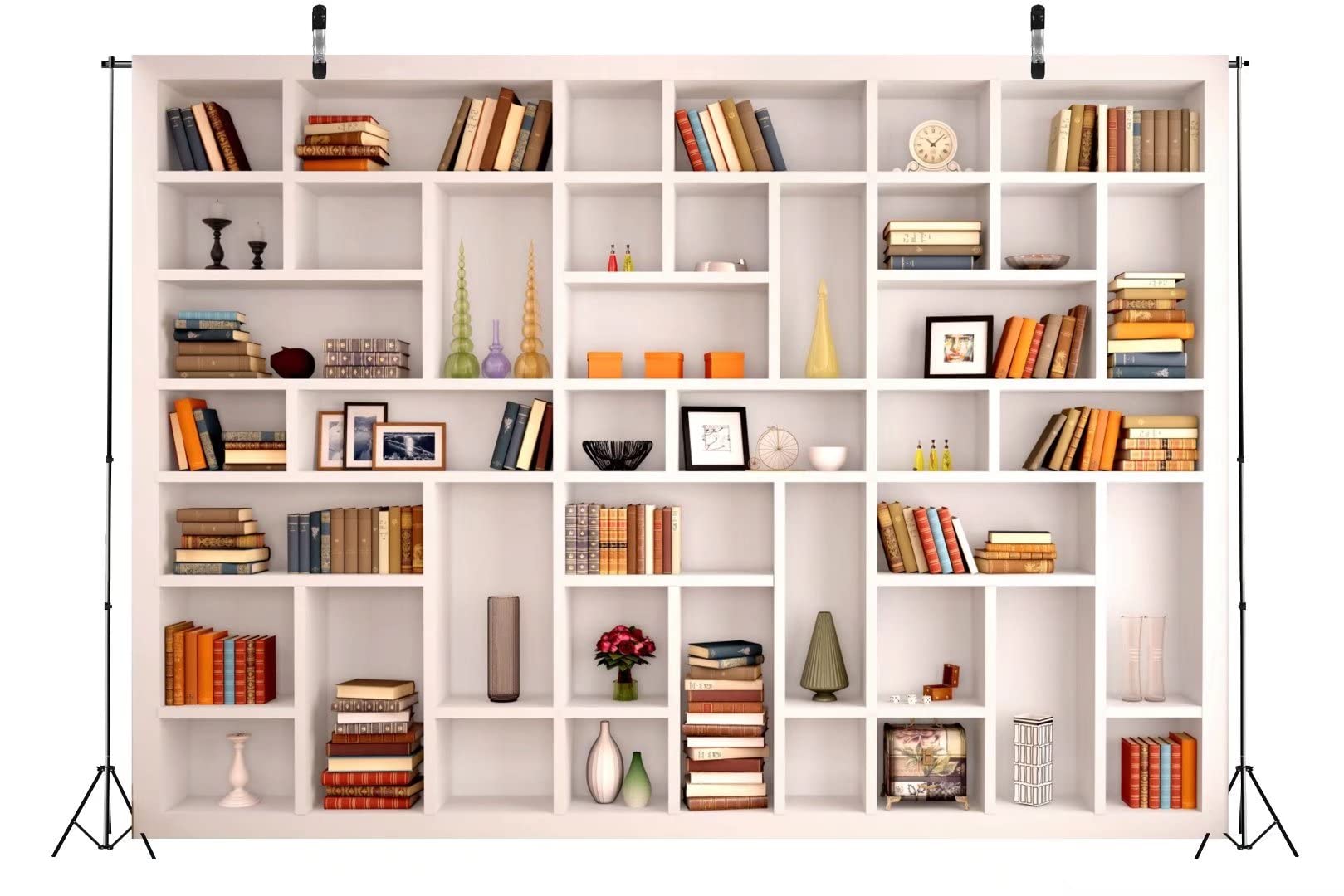 BELECO 7x5ft White Fabric Bookshelf Photography Backdrop - Modern Library & Office Background for Zoom Meetings, Video Conferences, Home Office Decor, Photo Props - Perfect for Professional Videos, Online Classes, and Content Creation