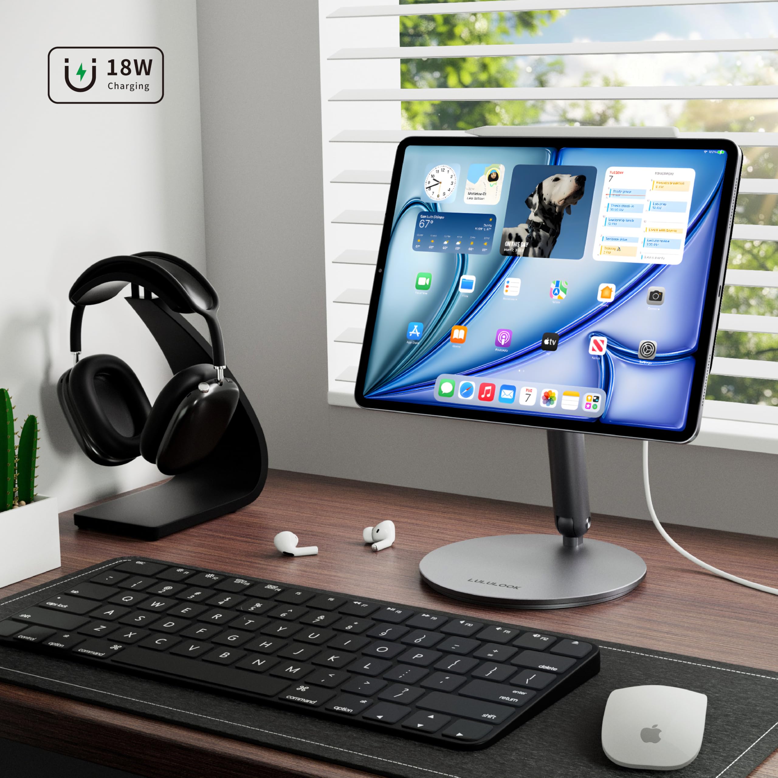 LULULOOK 360° Adjustable Magnetic Wireless Charging Stand for iPad Pro 11-inch M4 (2024) - Aluminum Alloy Foldable Tablet Stand with USB-C Cable - Perfect for Home Office, Bedside & Travel Use
