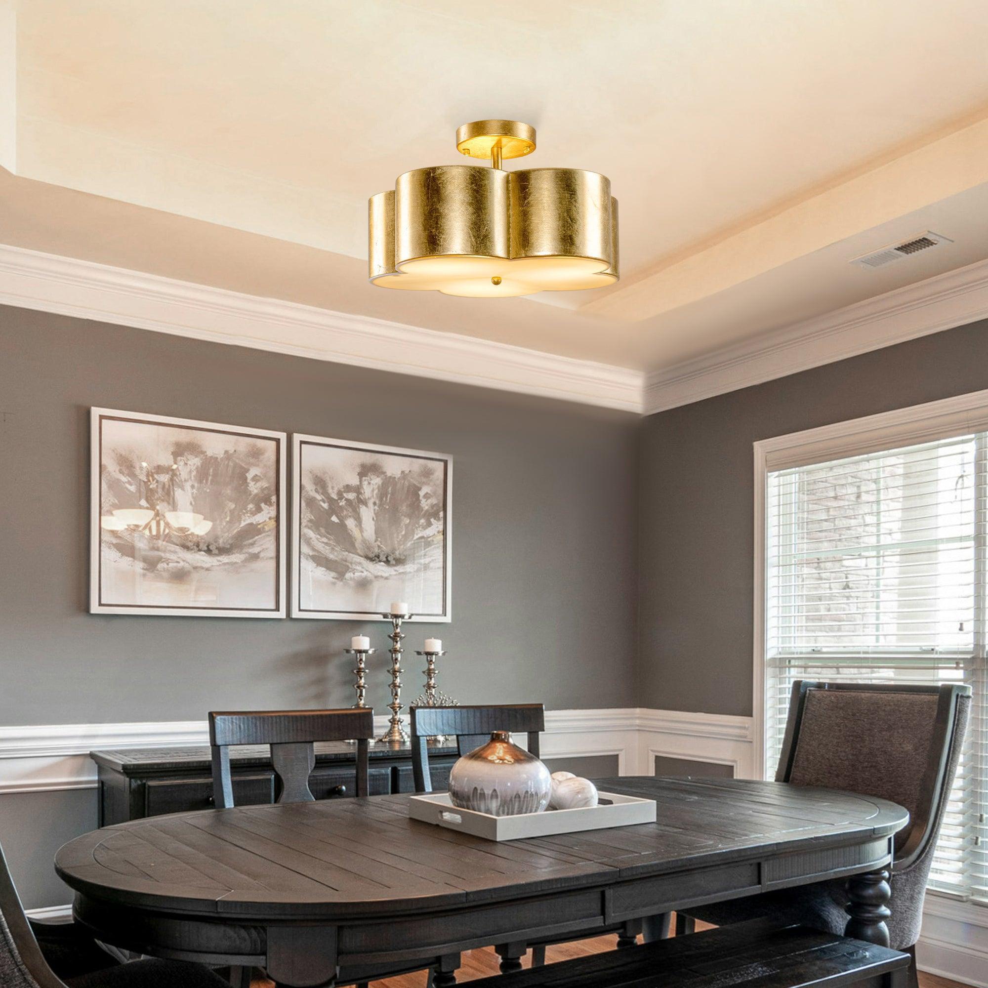 Modern Golden Semi Flush Mount Ceiling Light Fixture - 3 Lights for Bedroom, Dining Room, Living Room & Hallway Lighting