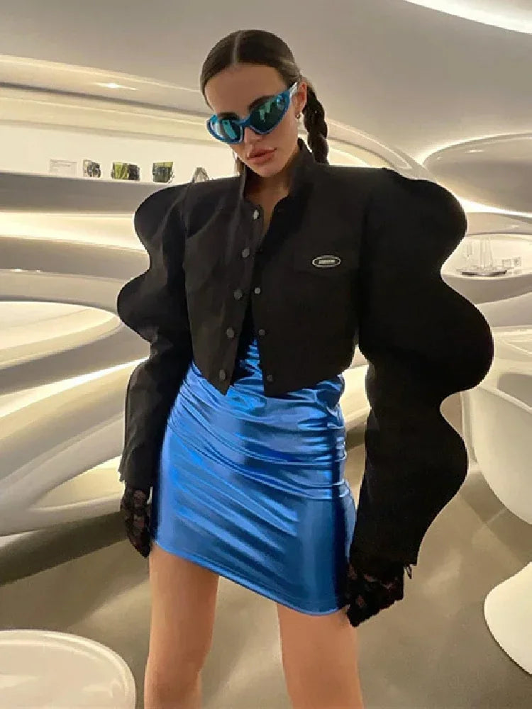 3D Lantern Sleeve Black Cropped Jacket for Women - 2023 Trendy Futuristic Cardigan | Outerwear for Night Out, Party & Street Style Fashion (C83 DE39)