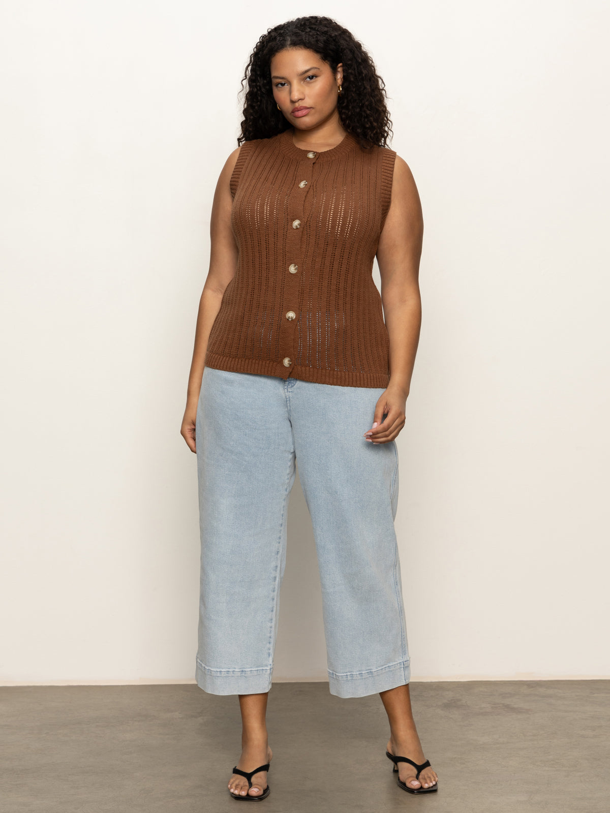Pointelle Shell Sweater in Sepia - Plus Size Women's Knit Cardigan for Fall & Winter Layering | Office Wear & Casual Outfits