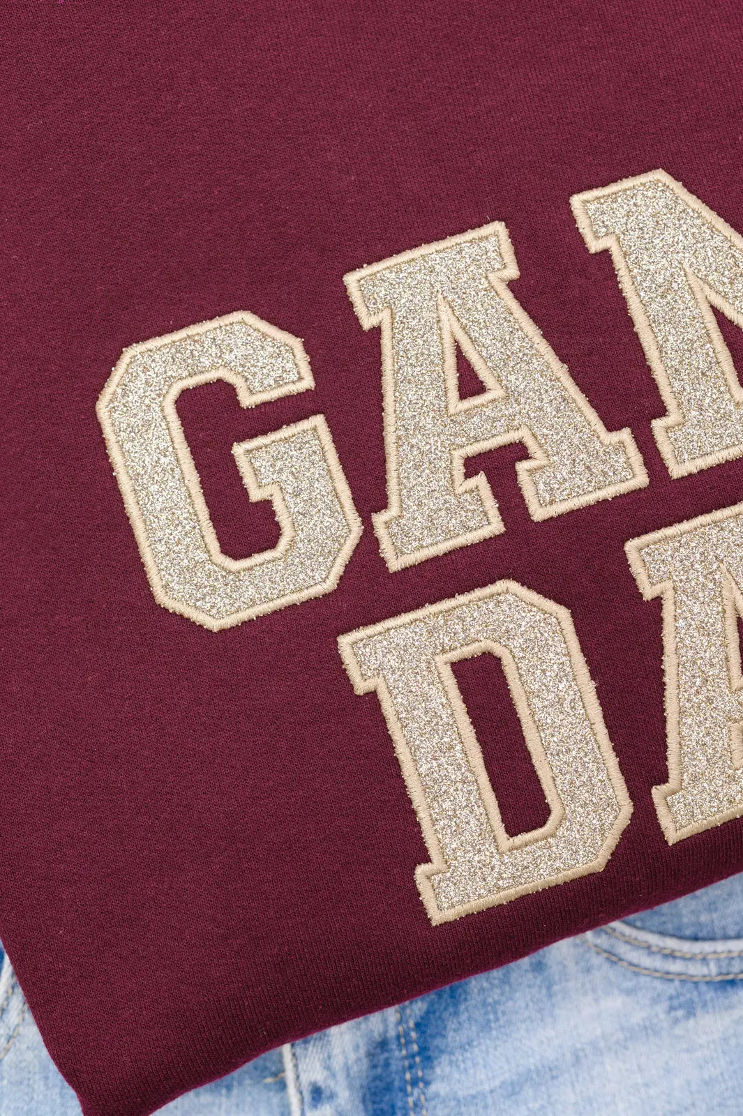 PREORDER: Embroidered Glitter Game Day Sweatshirt - Garnet & Champagne Gold | College Football Fan Gear, Tailgate Party Outfit, Sports Celebration Apparel