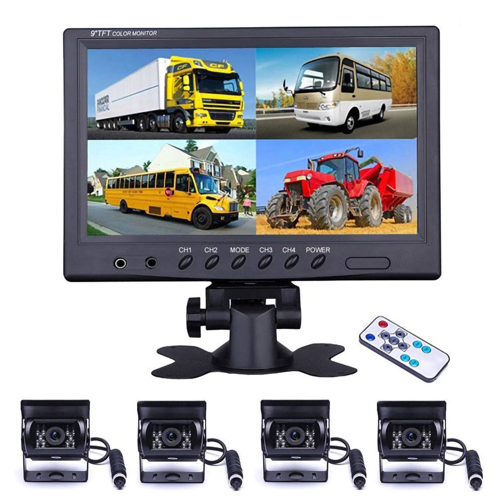 Camecho 9 Inch 4 Split Screen Backup Camera System with Front & Rear View - 4 Channel 18 IR Night Vision Waterproof Vehicle Camera Kit (2x33ft + 2x65ft Cables) for RV, Trailer, Bus, Truck - Perfect for Parking, Reversing & Blind Spot Monitoring