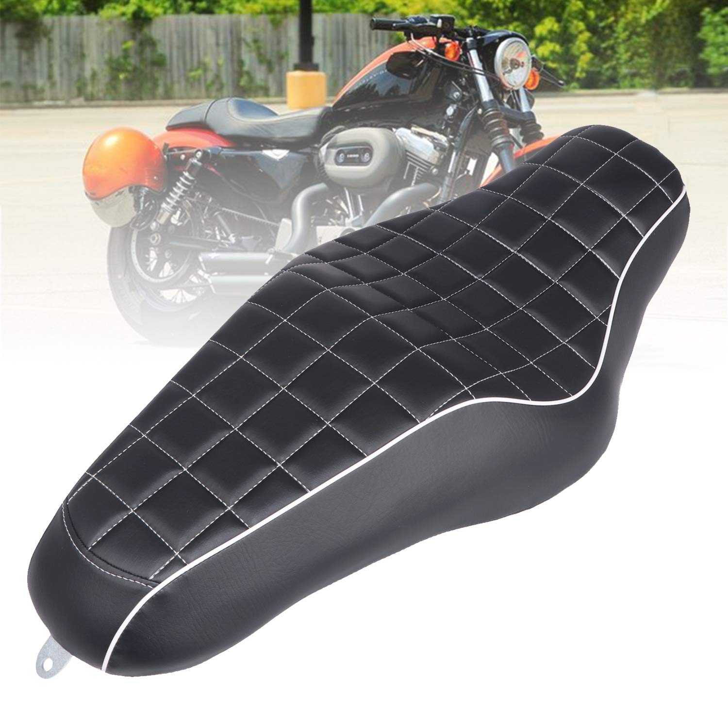 **Black Leather Motorcycle Seat for Harley Sportster XL 883, 1200, 48 & 72 – Front & Rear Two-Up One-Piece Cushion – Comfortable Ride for Driver & Passenger – Perfect for Long Trips & Cruising**