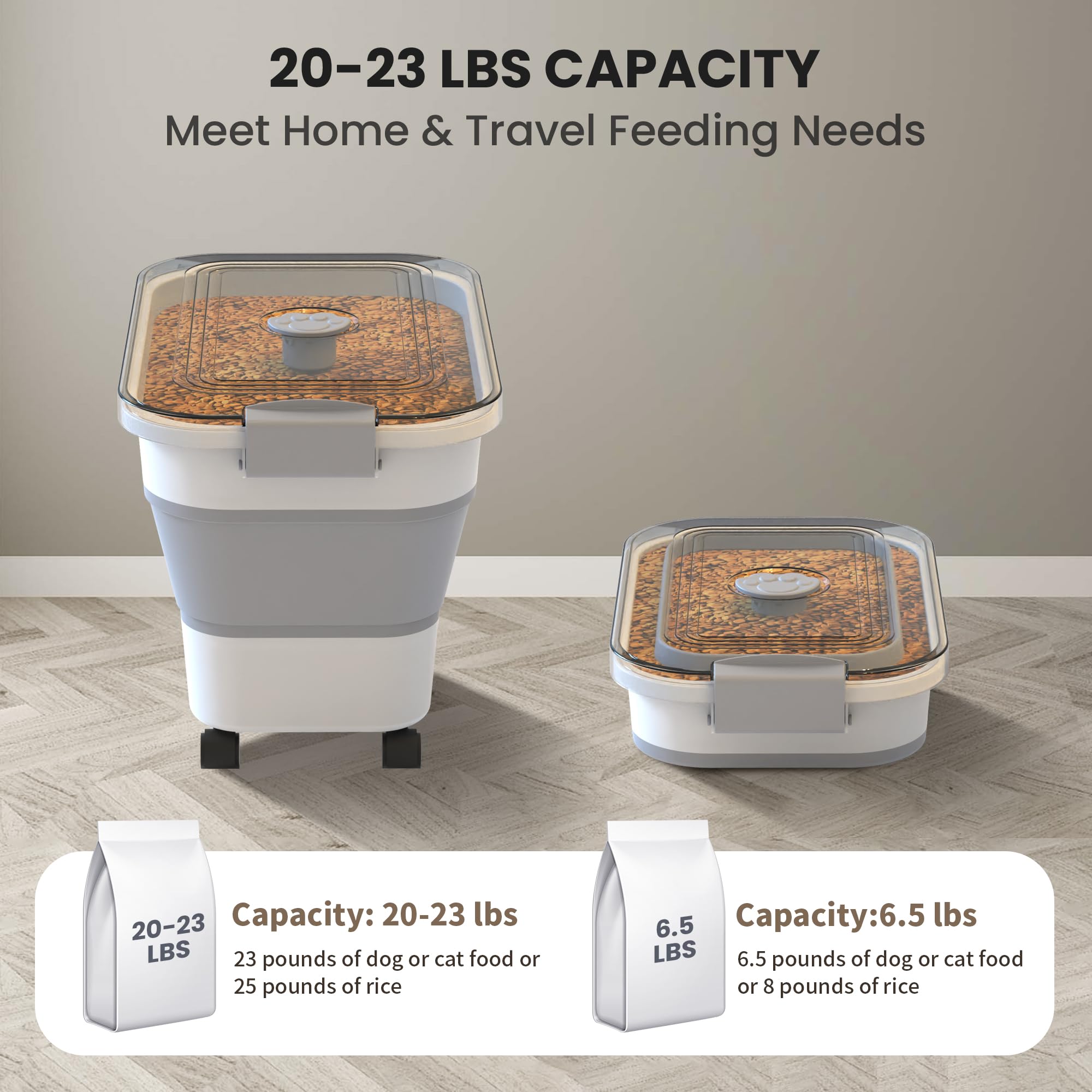 20-23 Lbs Collapsible Dog Food Storage Container with Airtight Lid - Transparent Pet Food Bin for Dogs & Cats - Perfect for Rice, Flour & Dry Food Storage - Includes Scoop & Bowl for Easy Feeding at Home or Travel