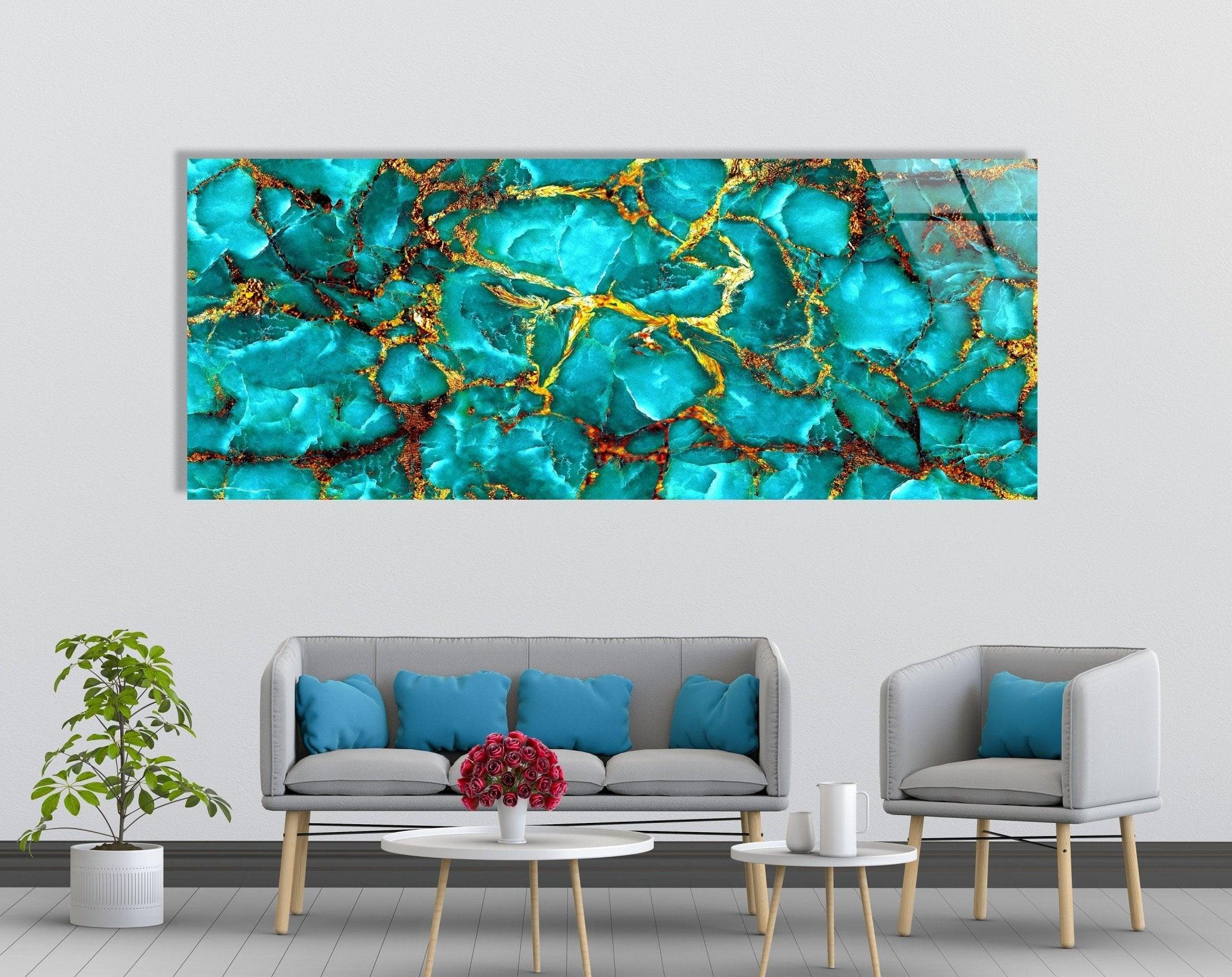 Abstract Glass Wall Art in Aqua Blue with Gold Veins - Modern Home Decor for Living Room, Bedroom & Office