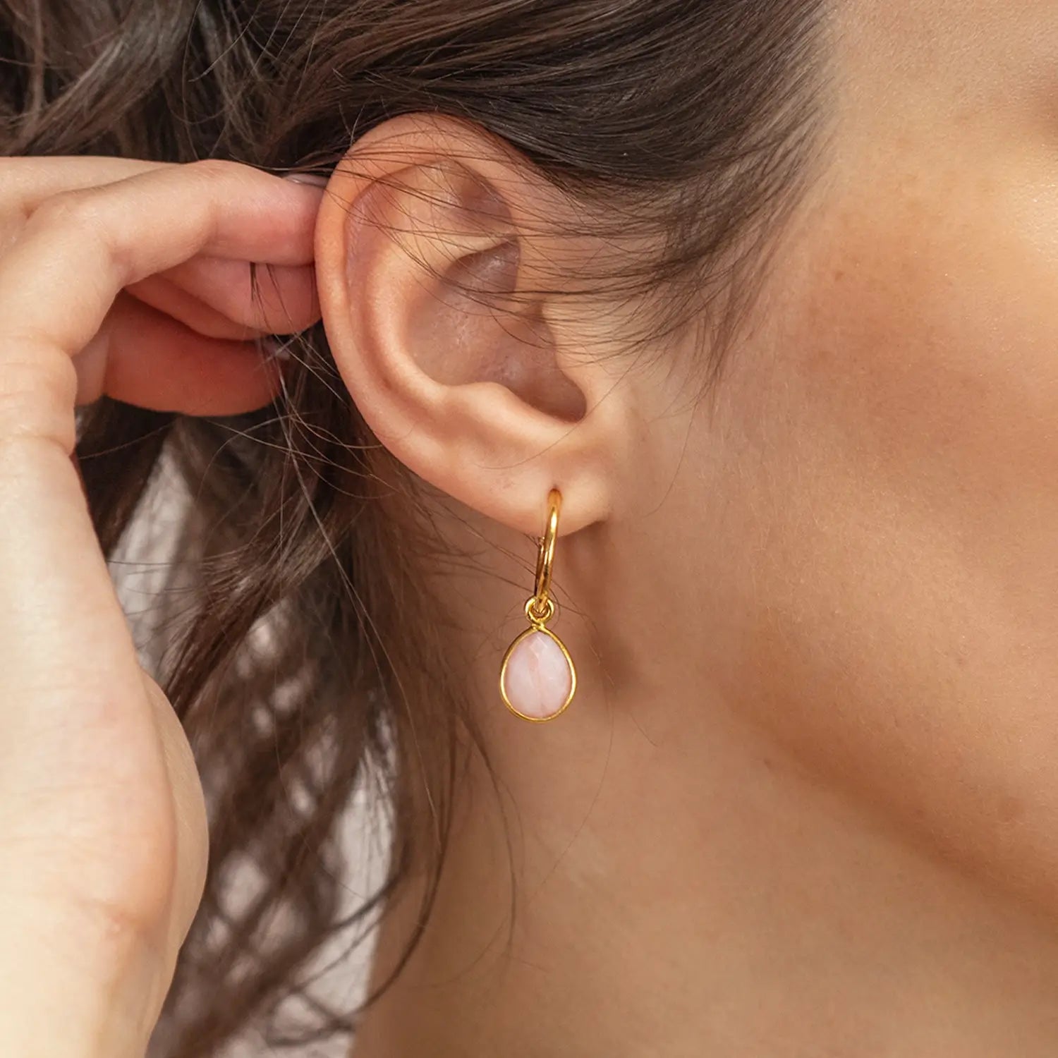 Pink Opal Drop Hoop Earrings in 14K Gold - October Birthstone Jewelry for Women | Elegant Dangling Earrings for Parties, Weddings & Special Occasions