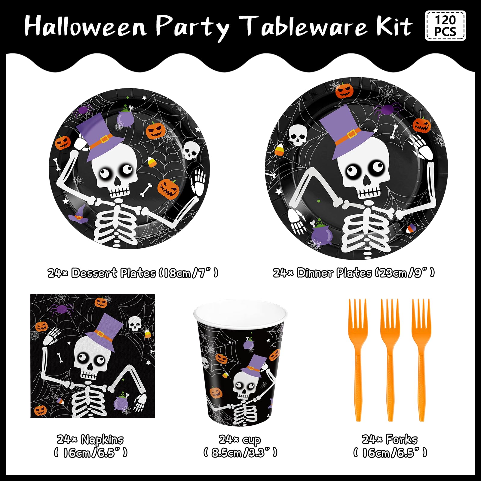 120-Piece Halloween Party Supplies Set - Skeleton Themed Disposable Tableware (Plates, Napkins, Cups & Forks) for 24 Guests - Perfect for Halloween Theme Parties, Trick-or-Treat Events & Spooky Decorations