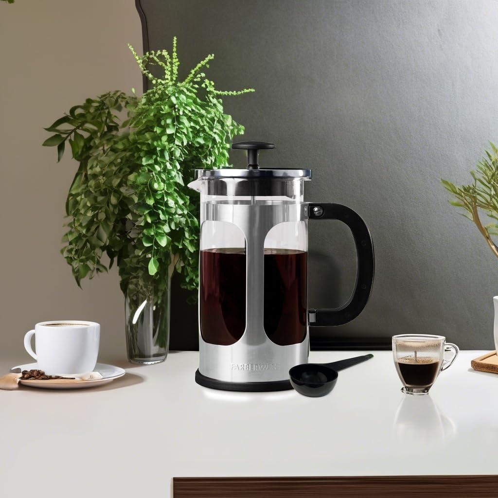Farberware Stainless Steel French Press Coffee Maker - 8 Cup Capacity, BPA-Free, Heat-Resistant Borosilicate Glass for Hot & Cold Brew Coffee, Tea, Espresso | Includes Measuring Spoon | Perfect for Home, Office & Camping Use