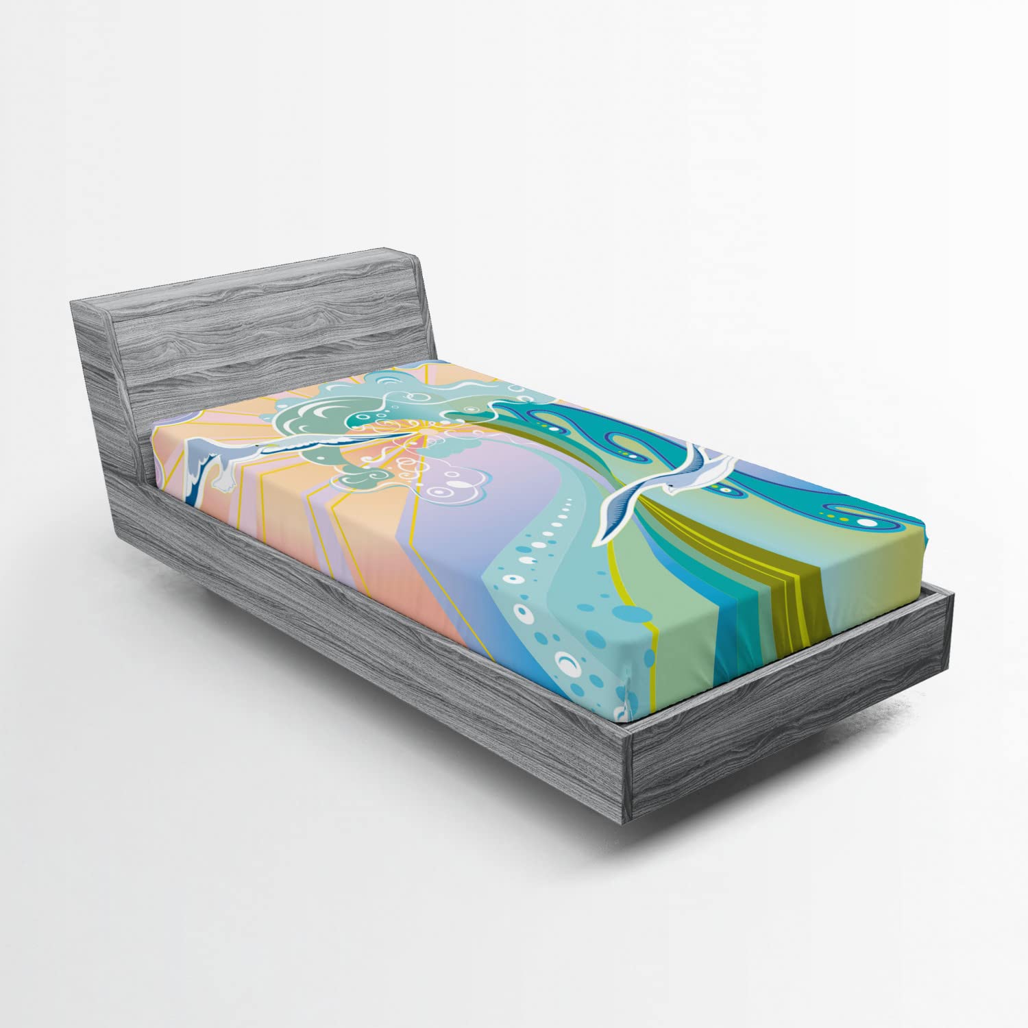Ambesonne Modern Fitted Sheet - Cartoon Waves, Birds & Sunset Design - Deep Pocket Twin XL Bed Cover | Multicolor Art Print for Kids & Guest Rooms
