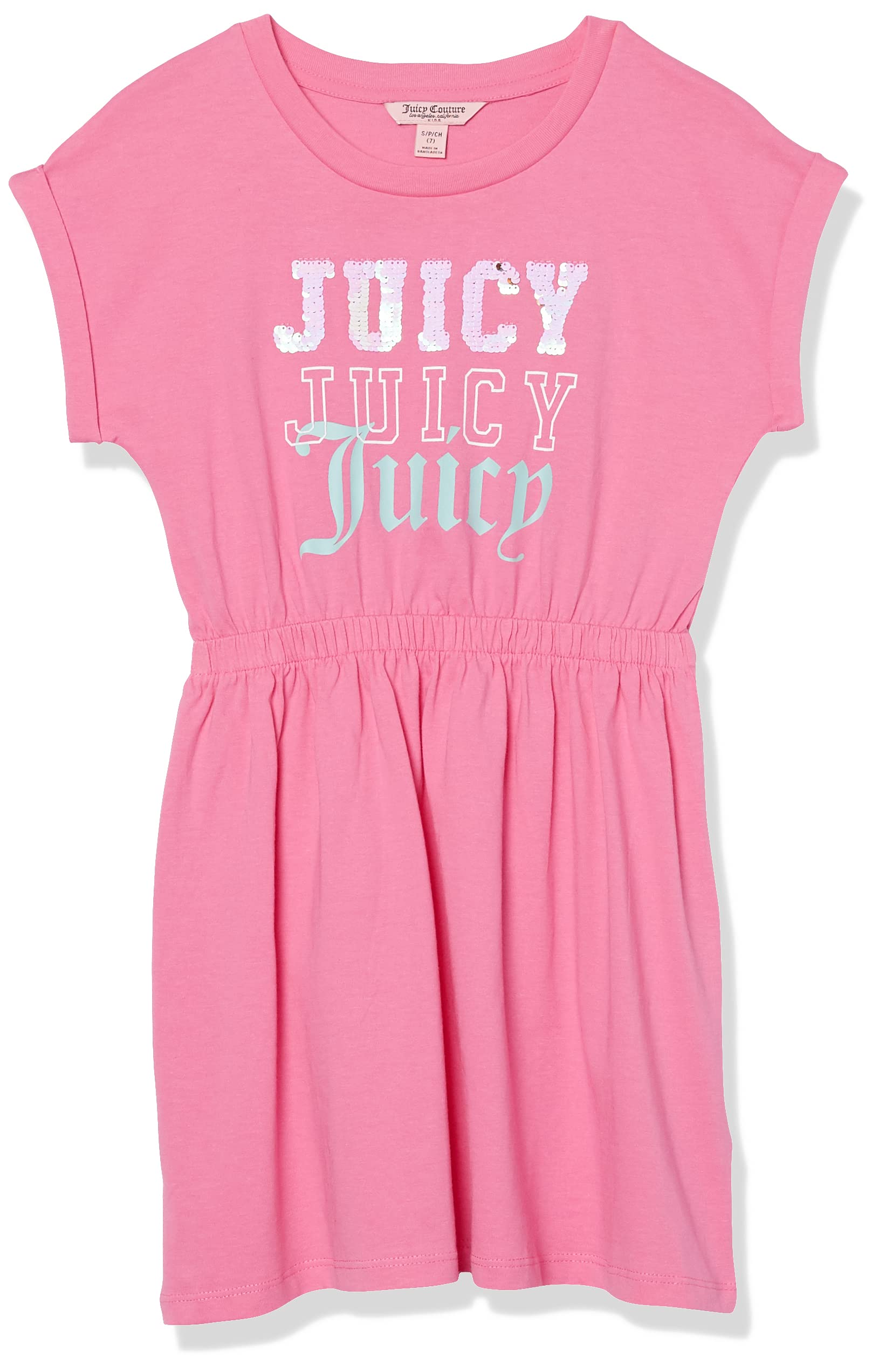 Juicy Couture Girls' Short Sleeve Jersey Tee Dress with Elastic Cinched Waist - Cute Azalea Pink Casual Outfit for School, Playdates & Summer Activities | Size 16