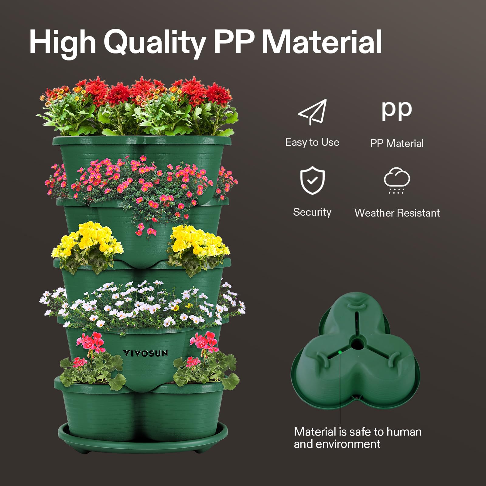 VIVOSUN 5-Tier Stackable Vertical Garden Planter for Strawberries, Flowers, Herbs, Vegetables - Space Saving Indoor/Outdoor Gardening Solution - Perfect for Balcony, Patio, Small Spaces (Dark Green)