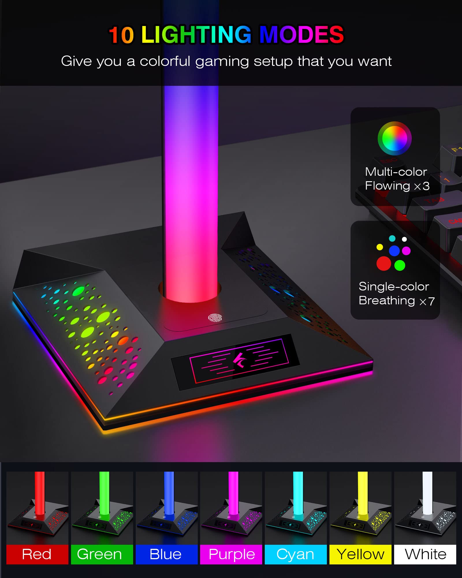 HCMan RGB LED Gaming Headset Stand with 2 USB Chargers - Premium Headphone Holder for PC Desk Accessories | Perfect for Gamers, Streamers & Home Office Setup
